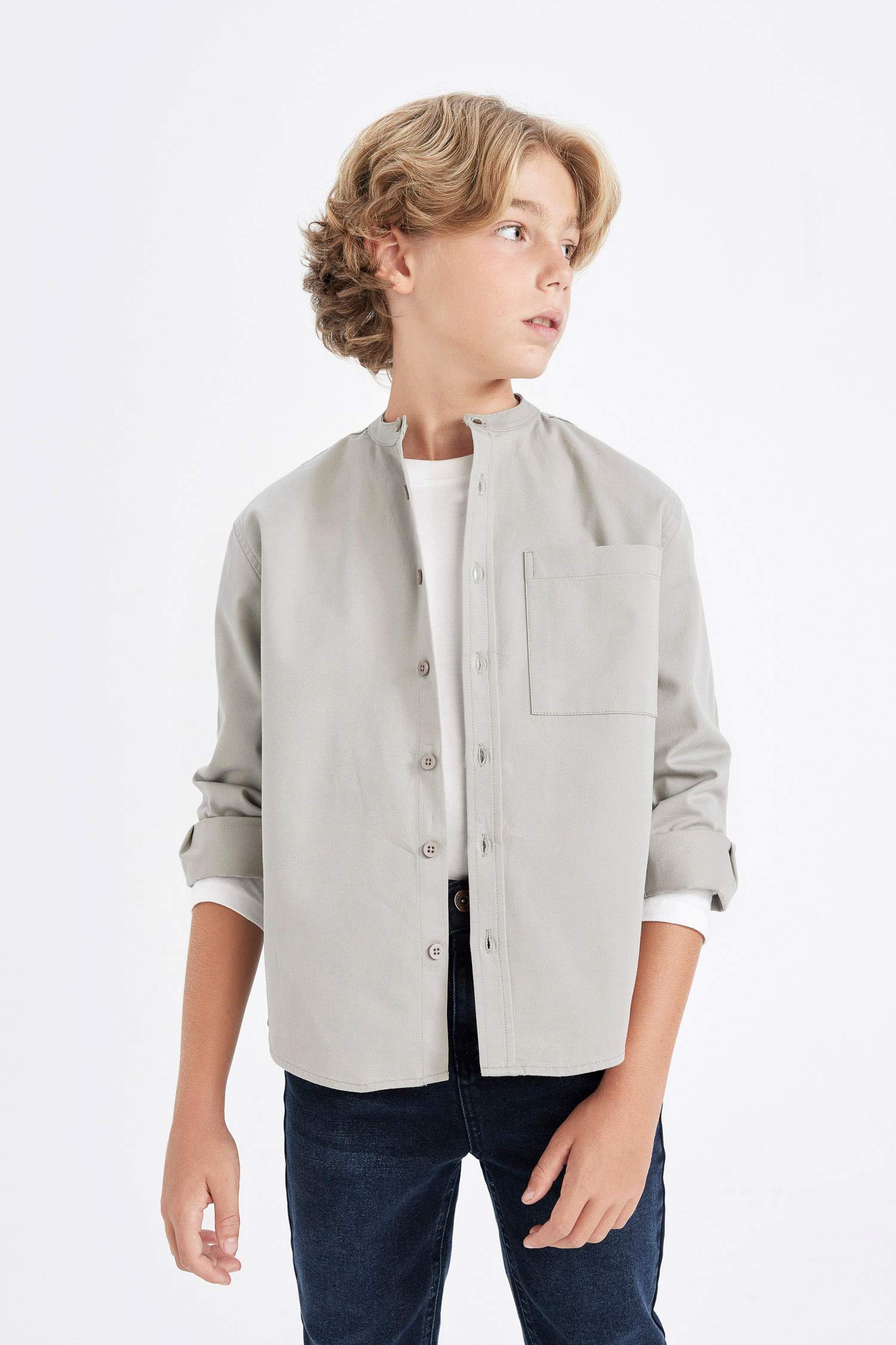 Boy Oversize Fit Stand Collar Twill Shirt