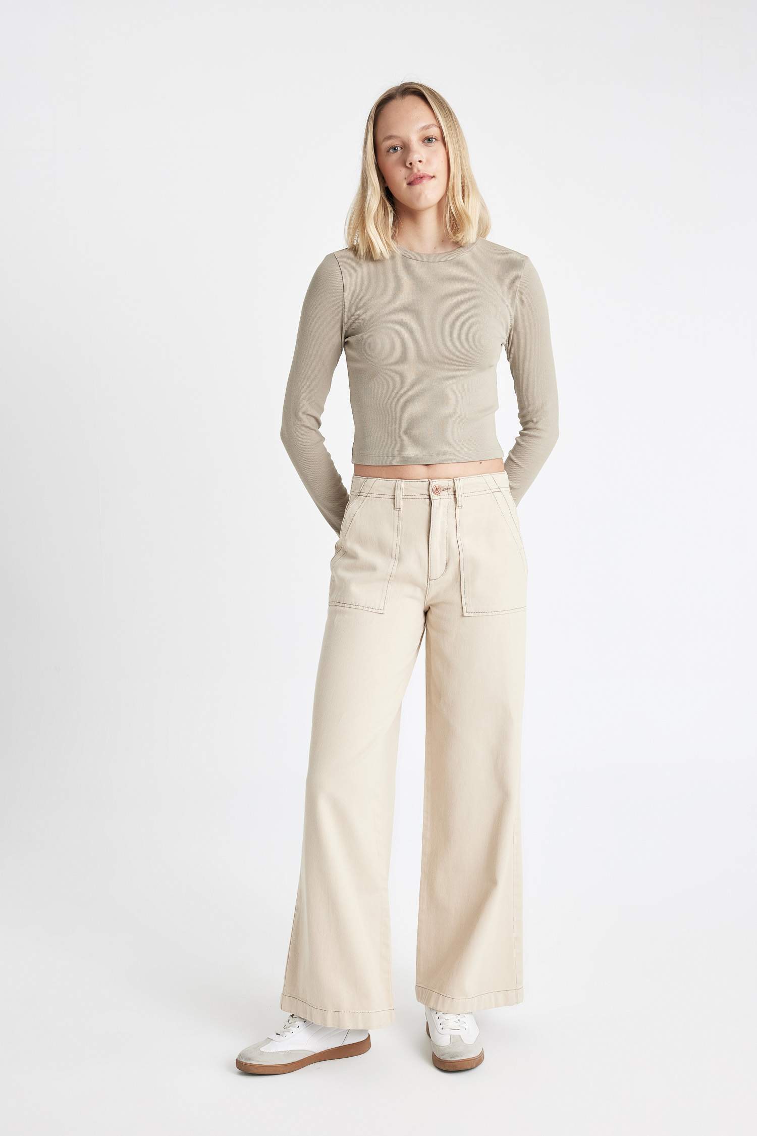 Wide Leg High Waist Gabardine Trousers