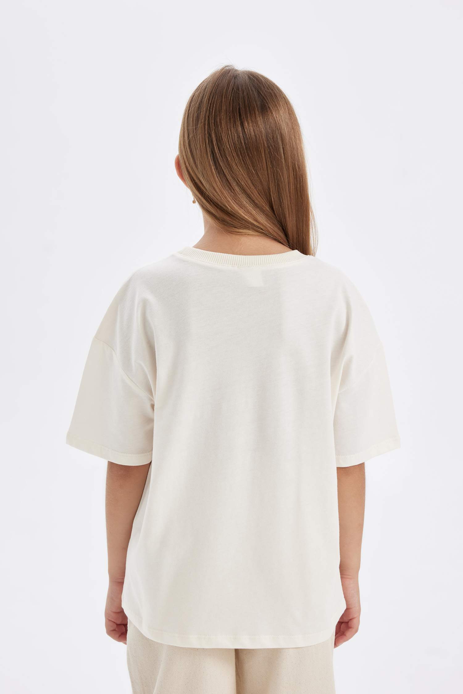 Kız Çocuk Oversize Geniş Kalıp Bisiklet Yaka Yazı Baskılı Kısa Kollu Okul Tişörtü