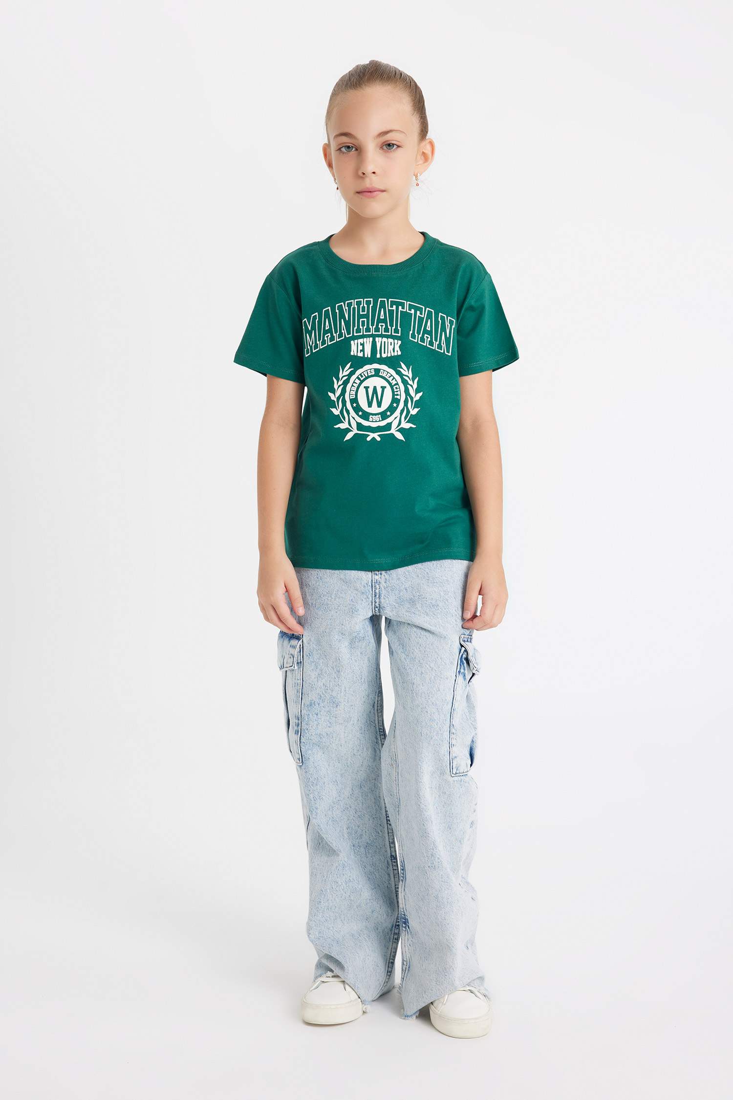 Kız Çocuk Relax Fit Bisiklet Yaka Yazı Baskılı Kısa Kollu Okul Tişörtü