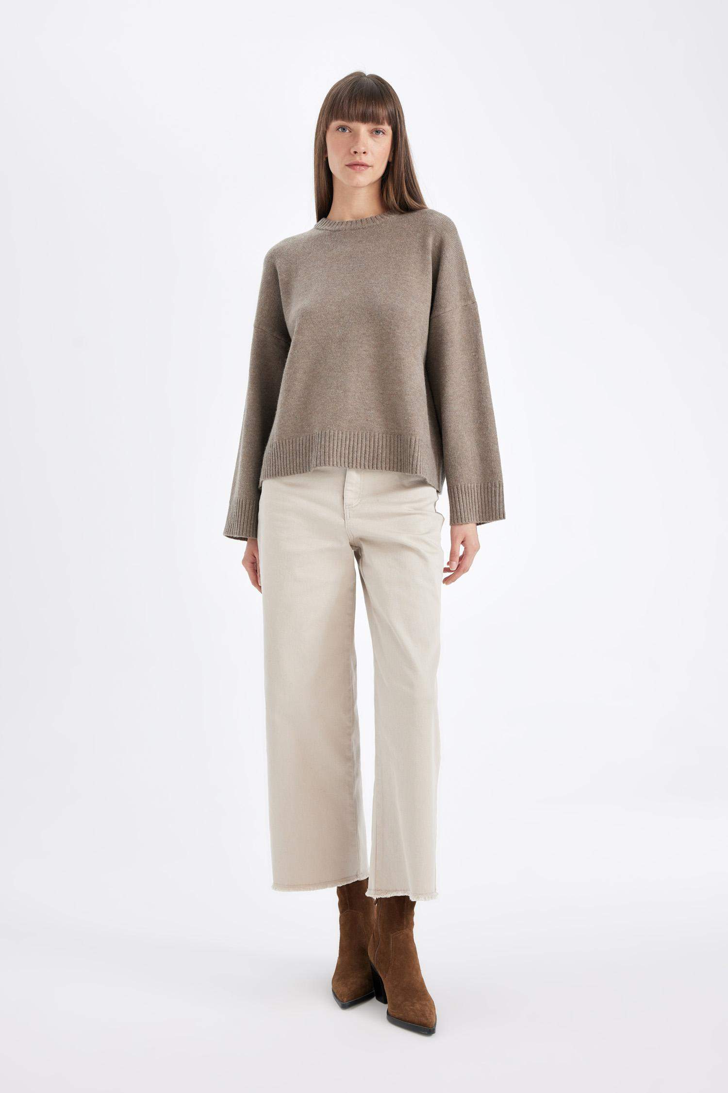 Culotte Gabardin Pantolon Yüksek Bel Basic Düz Cepli Geniş Bol Paça