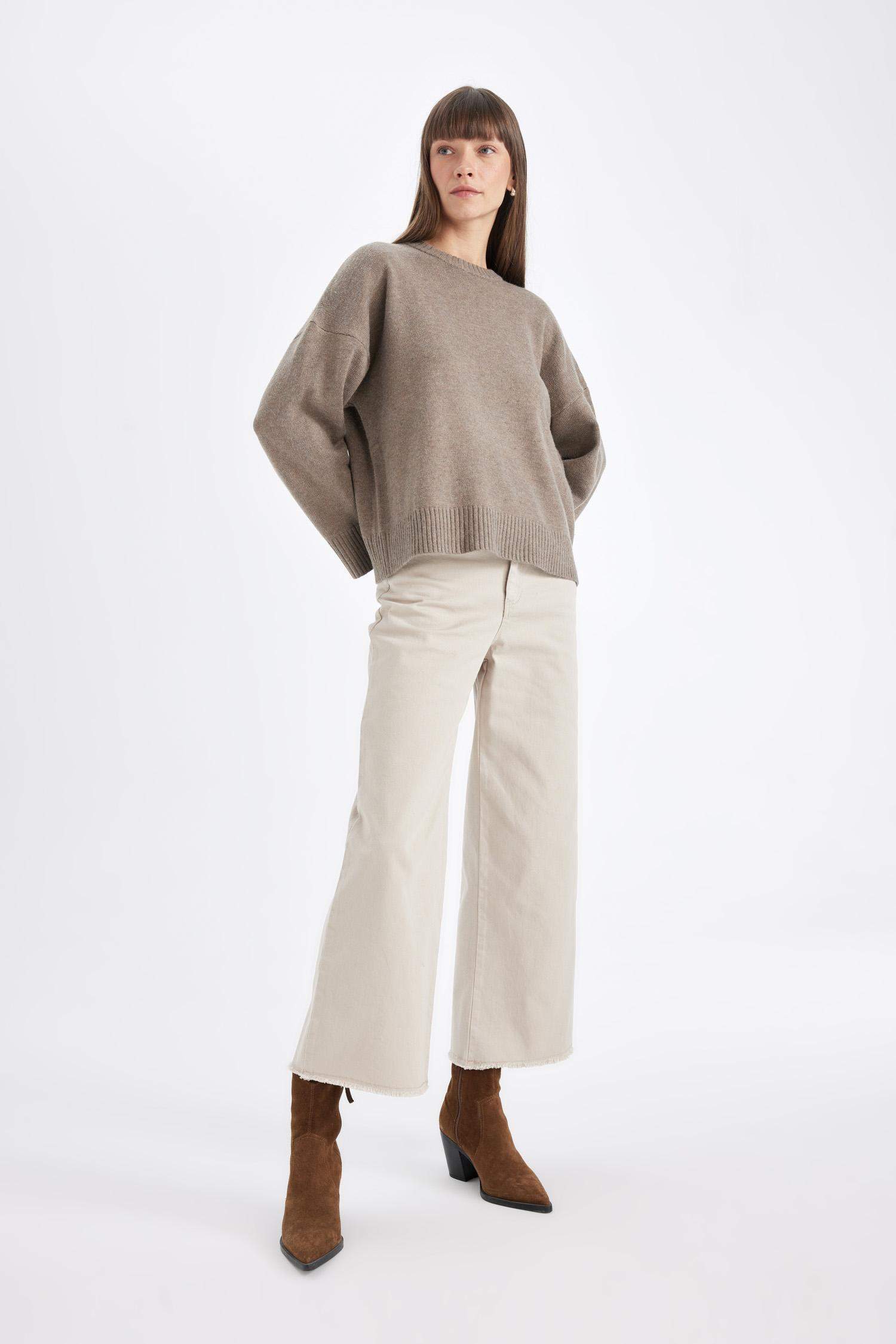 Culotte Gabardin Pantolon Yüksek Bel Basic Düz Cepli Geniş Bol Paça