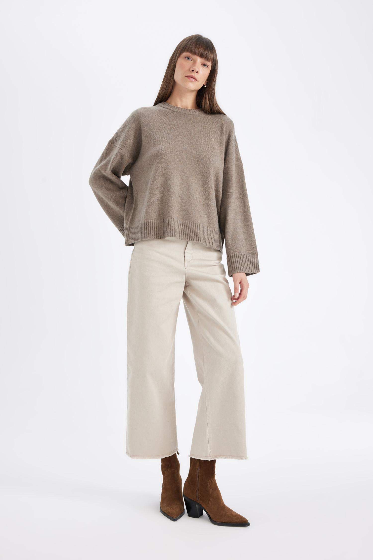 Culotte Gabardin Pantolon Yüksek Bel Basic Düz Cepli Geniş Bol Paça