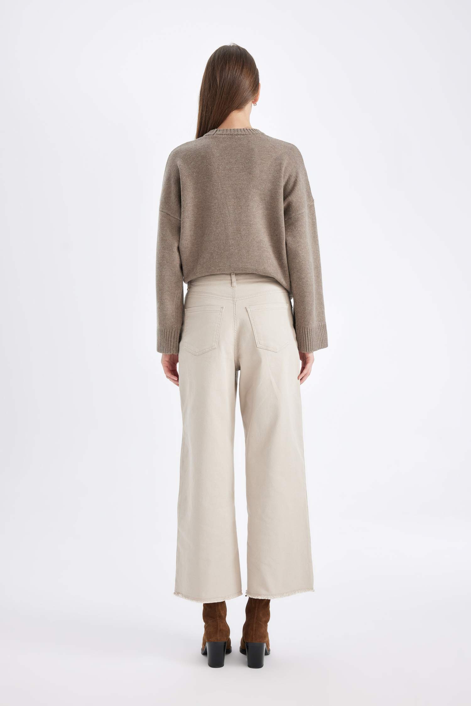 Culotte Gabardin Pantolon Yüksek Bel Basic Düz Cepli Geniş Bol Paça