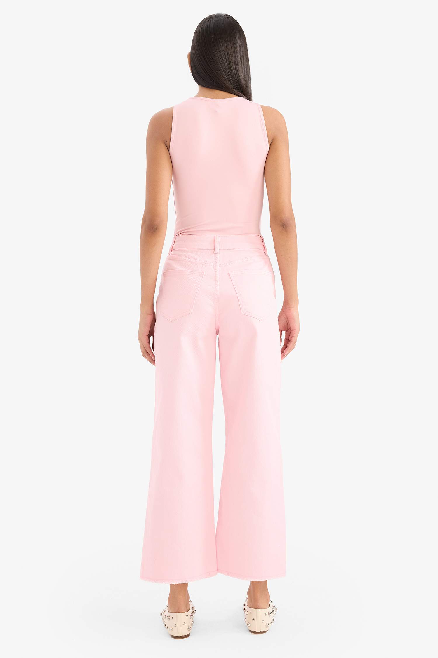 بنطرون قماش جبردين كولوت فيت برجل واسع وخصر عالي