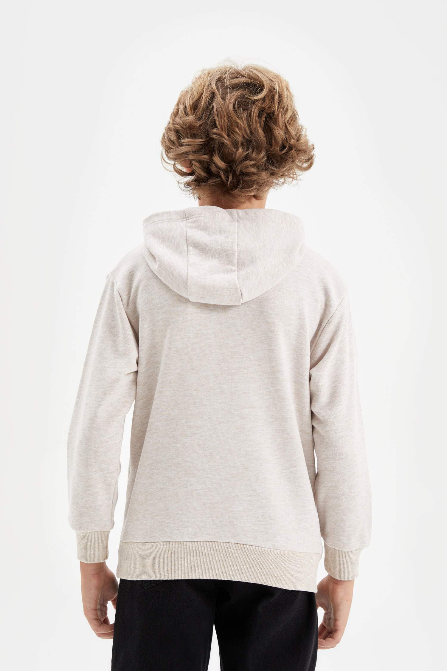 Erkek Çocuk Bej Kapüşonlu Baskılı Okul Sweatshirt