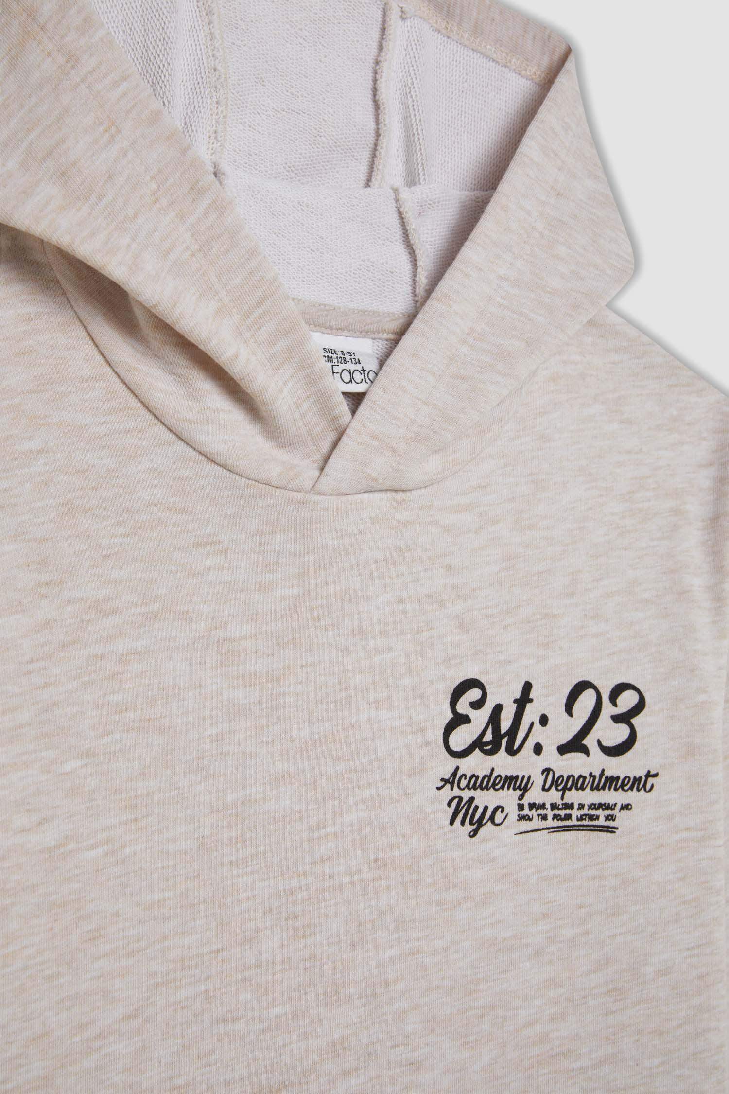 Erkek Çocuk Bej Kapüşonlu Baskılı Okul Sweatshirt