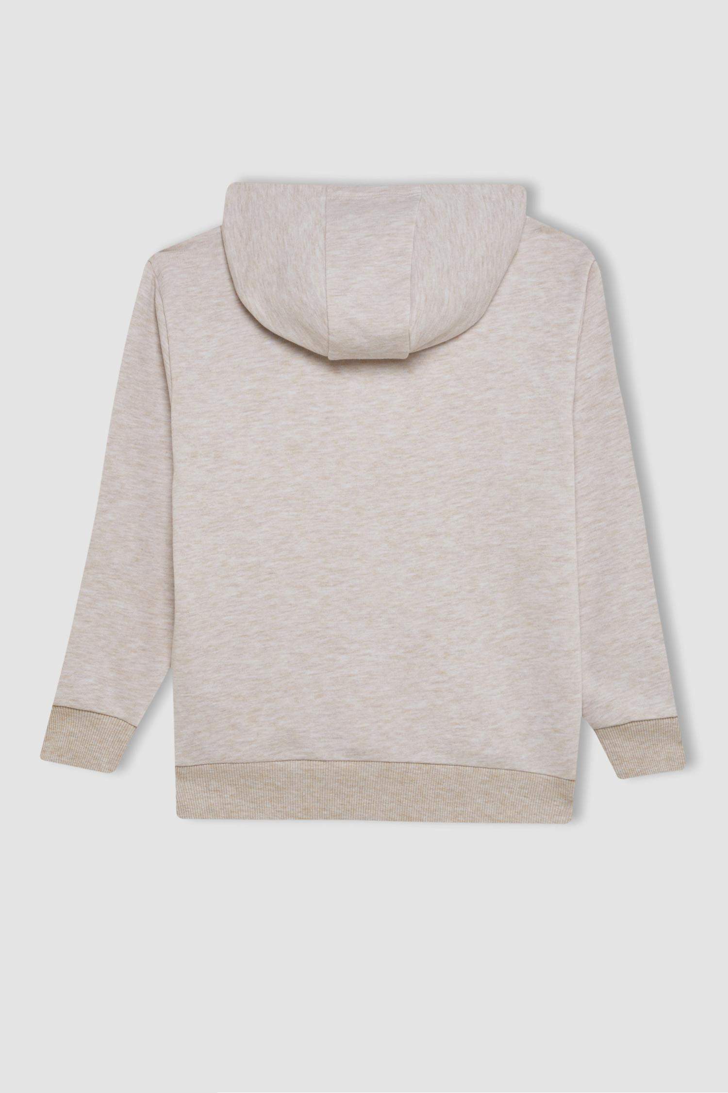 Erkek Çocuk Bej Kapüşonlu Baskılı Okul Sweatshirt