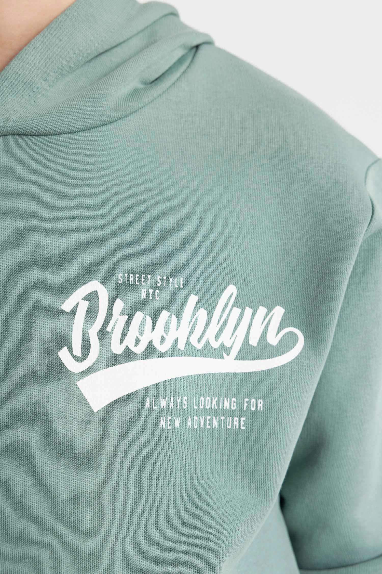 Erkek Çocuk Yeşil Yazı Baskılı Cepli Kapüşonlu Okul Sweatshirt