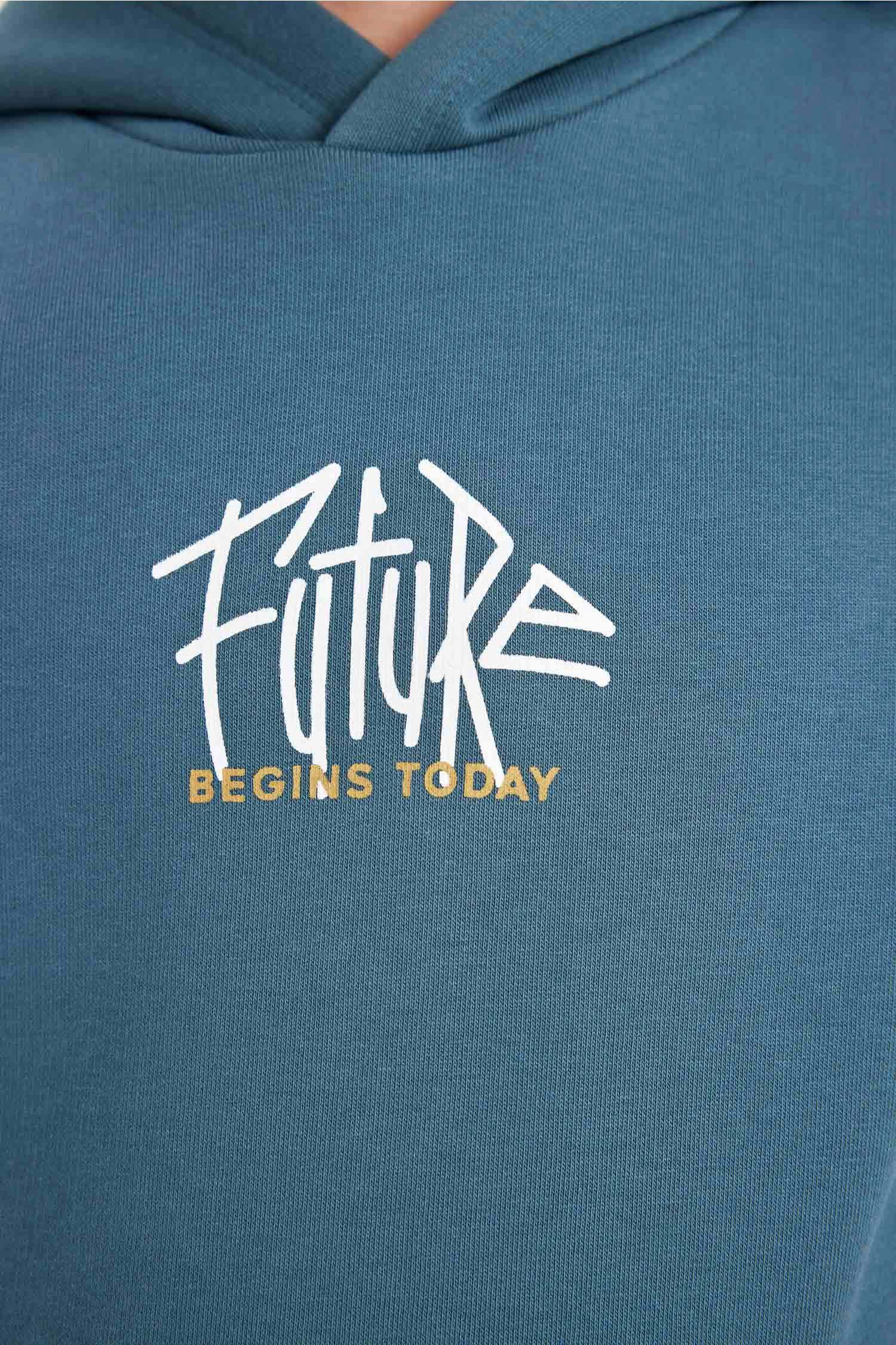 Erkek Çocuk Yazı Baskılı Cepli Kapüşonlu Okul Sweatshirt