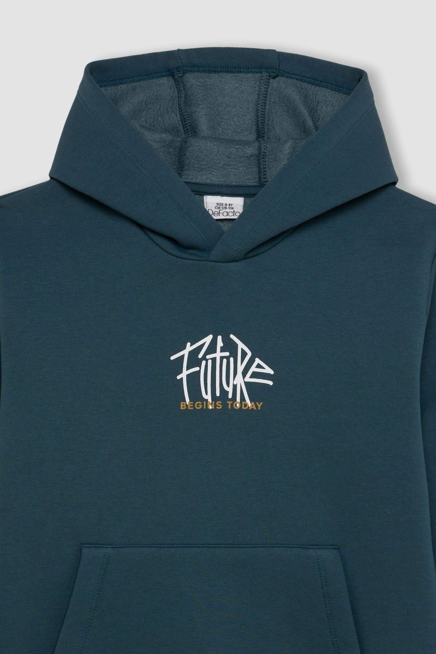 Erkek Çocuk Yazı Baskılı Cepli Kapüşonlu Okul Sweatshirt