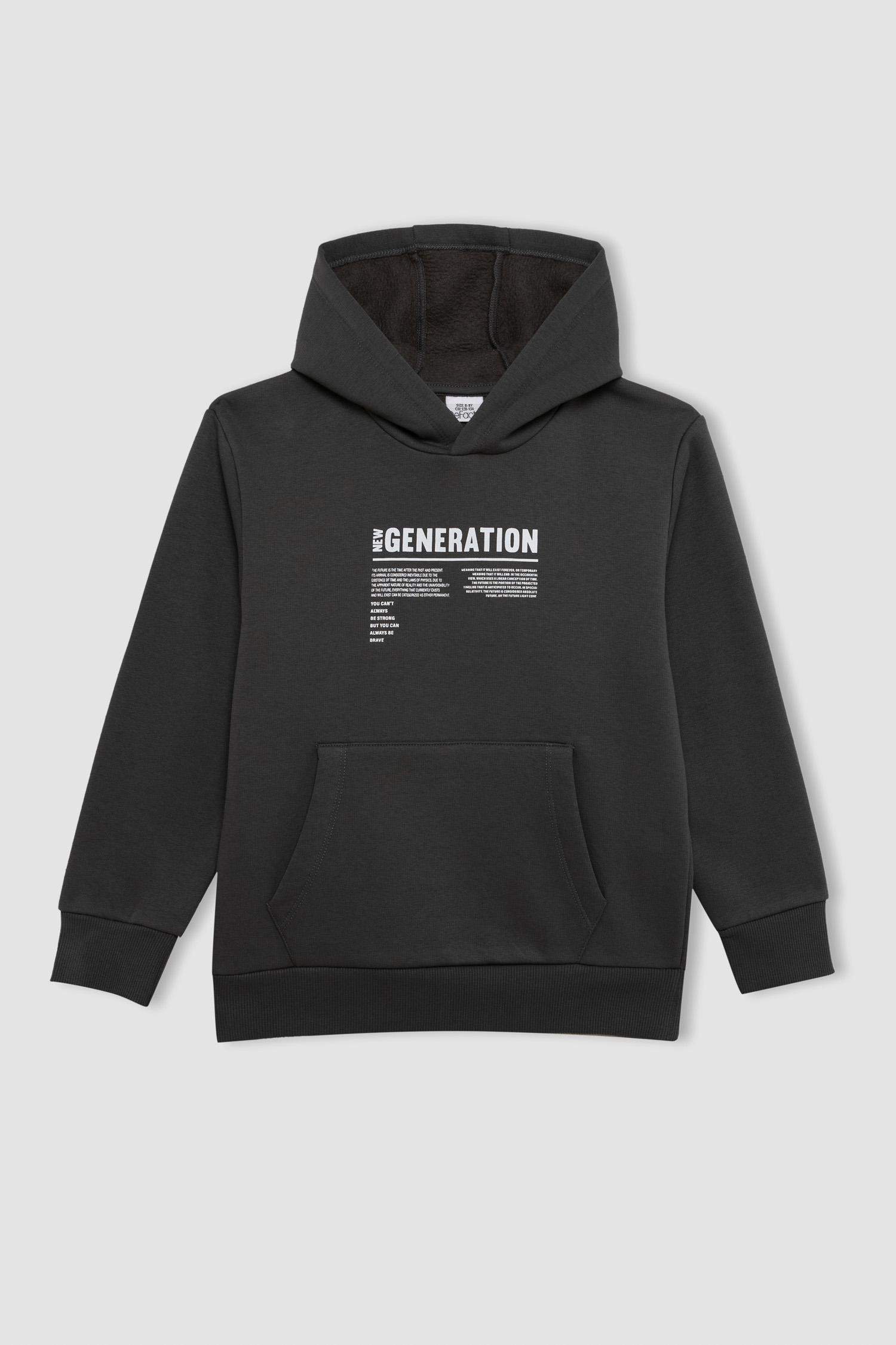 Erkek Çocuk Cepli Yazı Baskılı Kapüşonlu Okul Sweatshirt