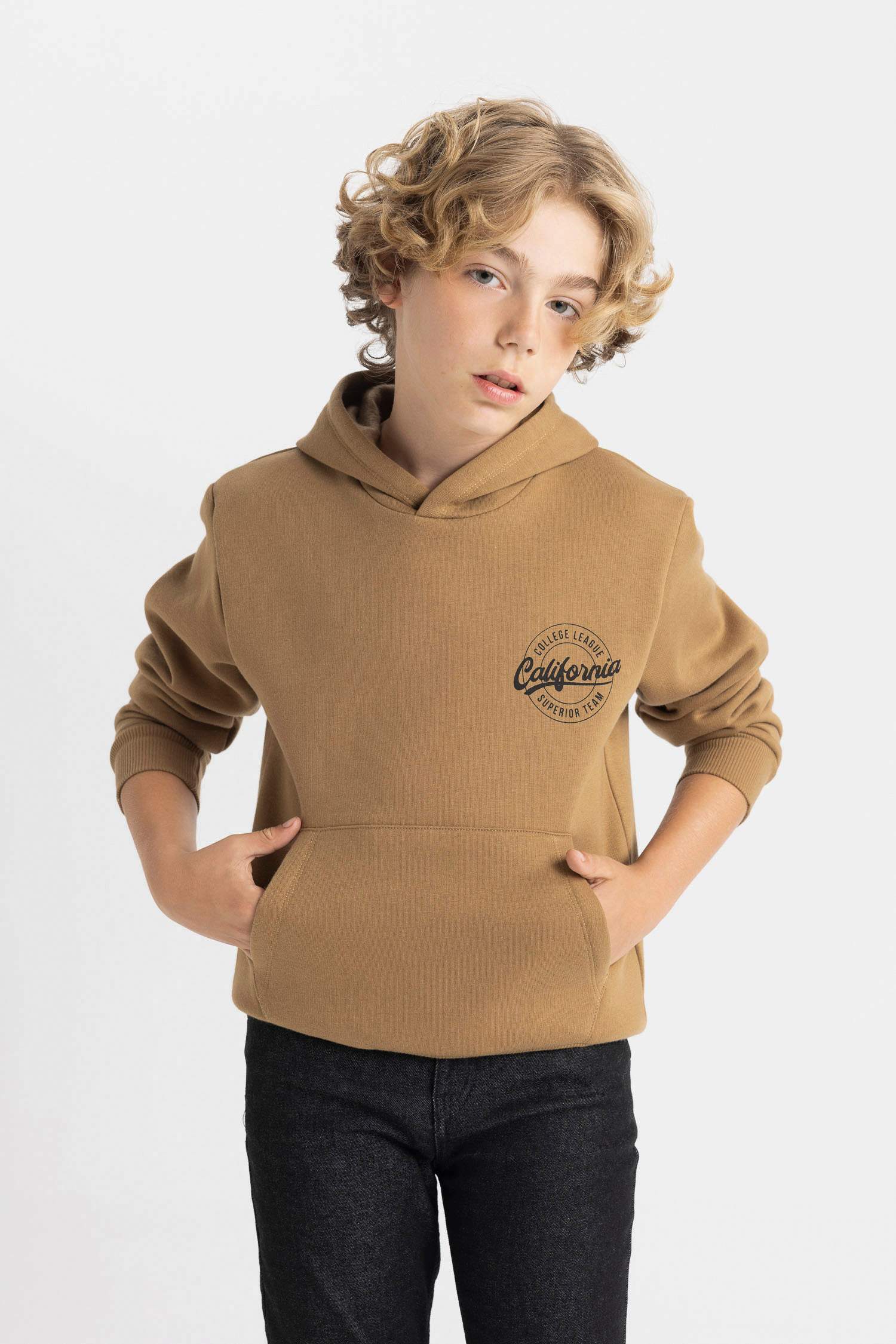 Erkek Çocuk Cepli Yazı Baskılı Kapüşonlu Okul Sweatshirt