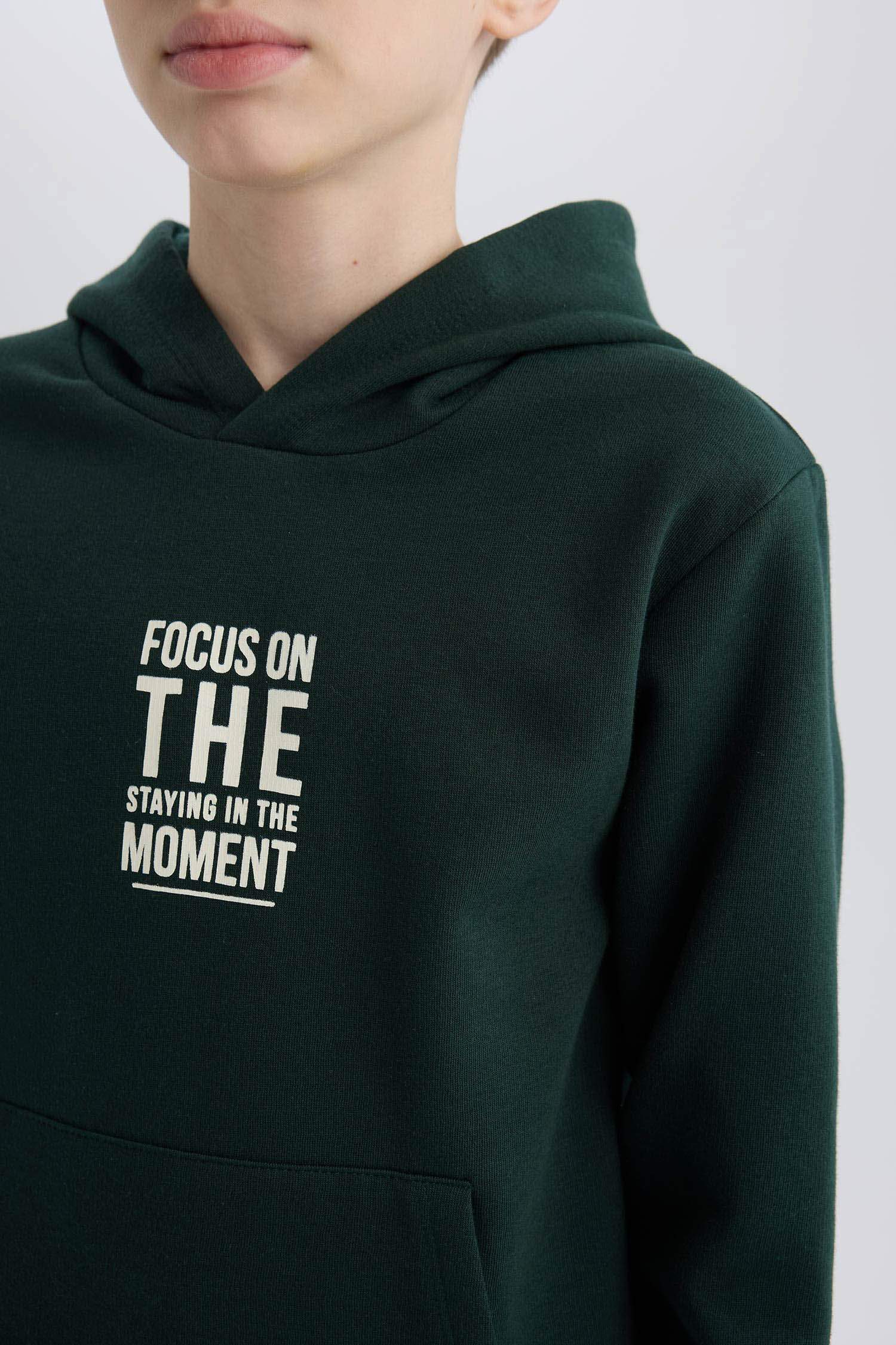 Erkek Çocuk Cepli Yazı Baskılı Kapüşonlu Okul Sweatshirt