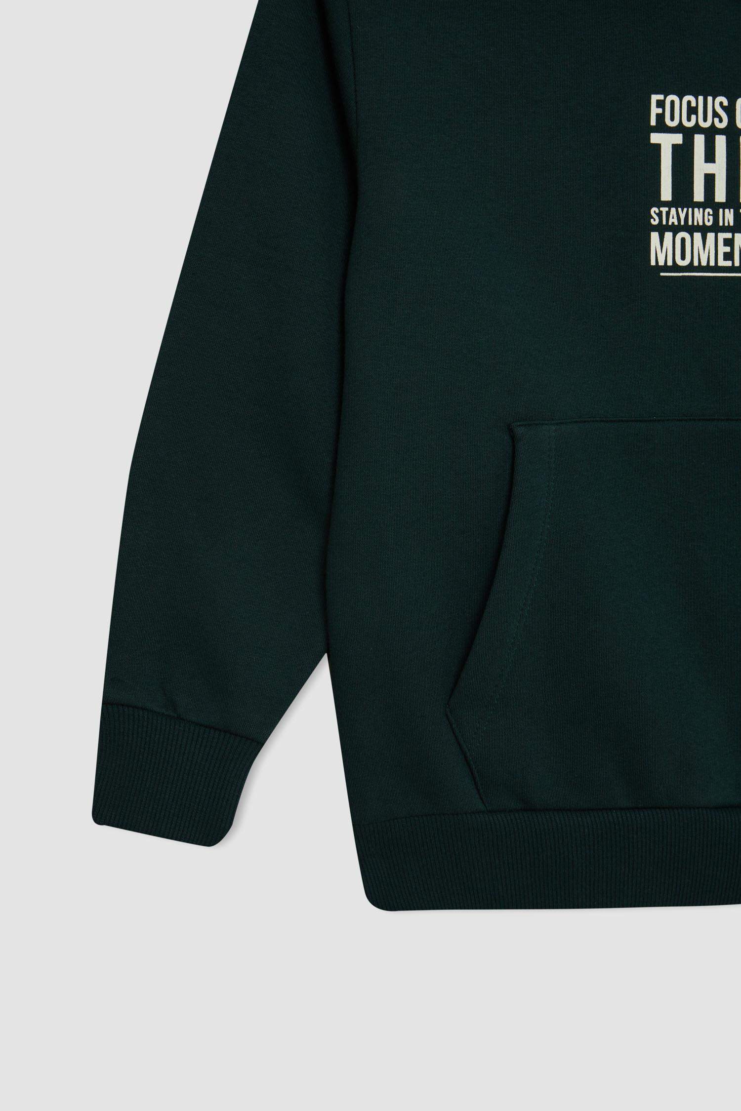 Erkek Çocuk Cepli Yazı Baskılı Kapüşonlu Okul Sweatshirt