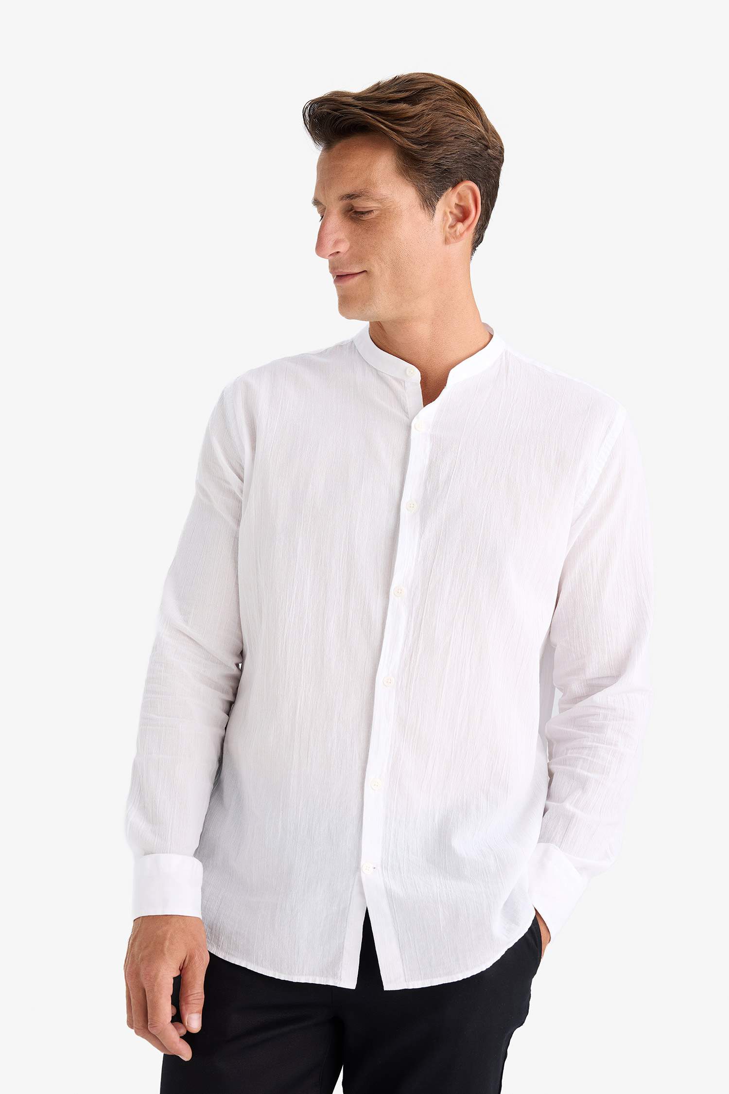 Regular Fit Stand Collar Cotton Long Sleeve Shirt