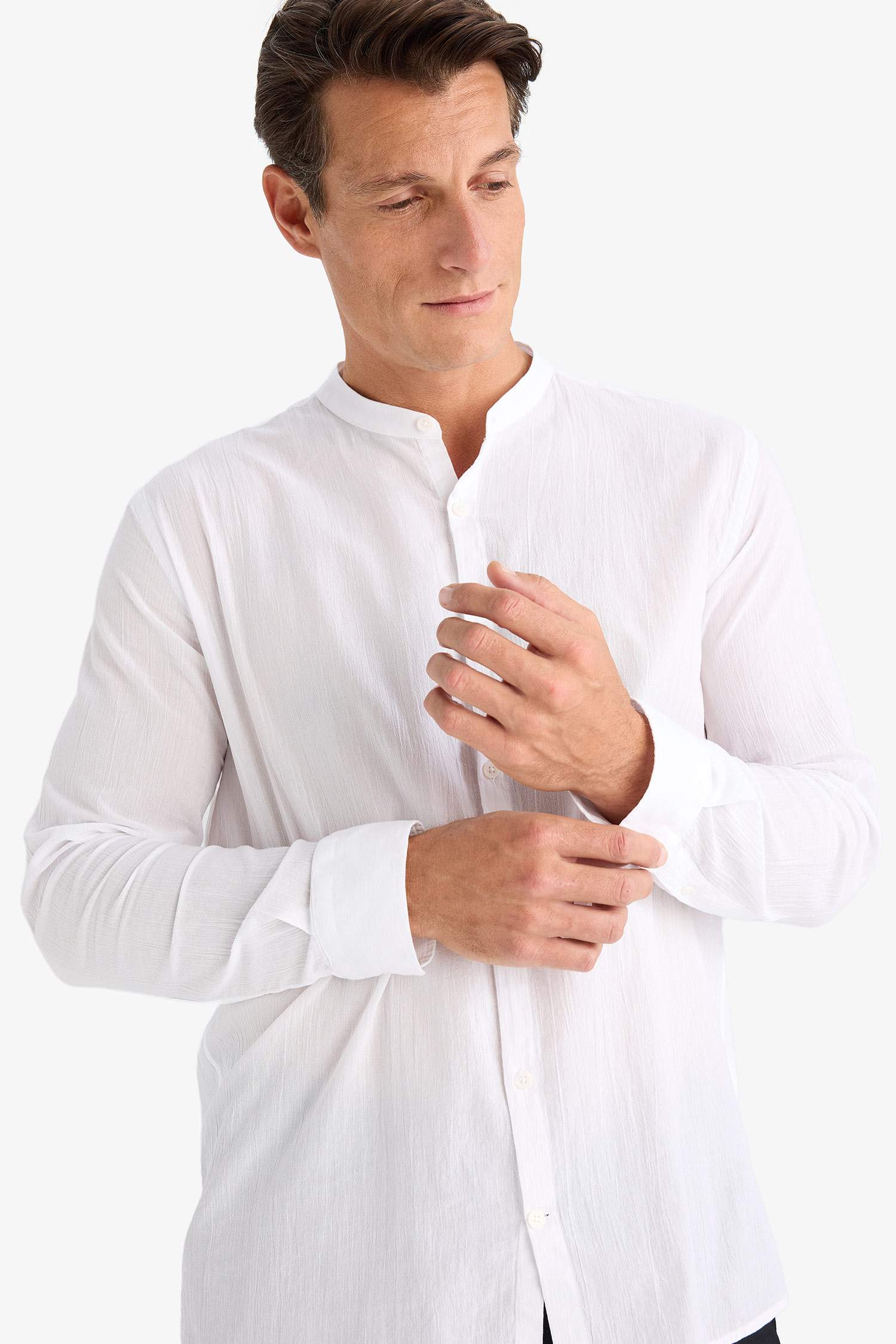 Regular Fit Stand Collar Cotton Long Sleeve Shirt