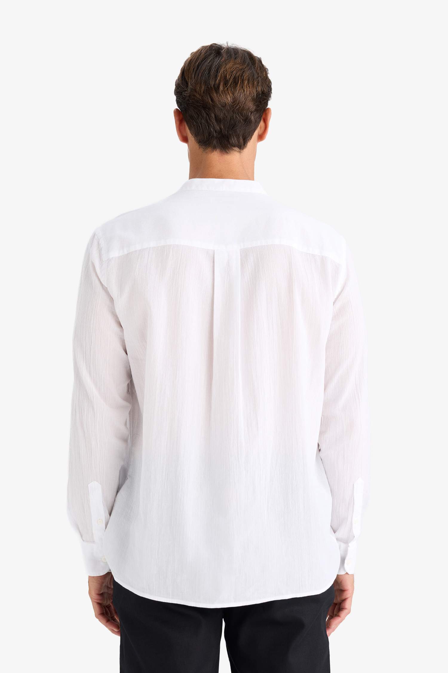 Regular Fit Stand Collar Cotton Long Sleeve Shirt