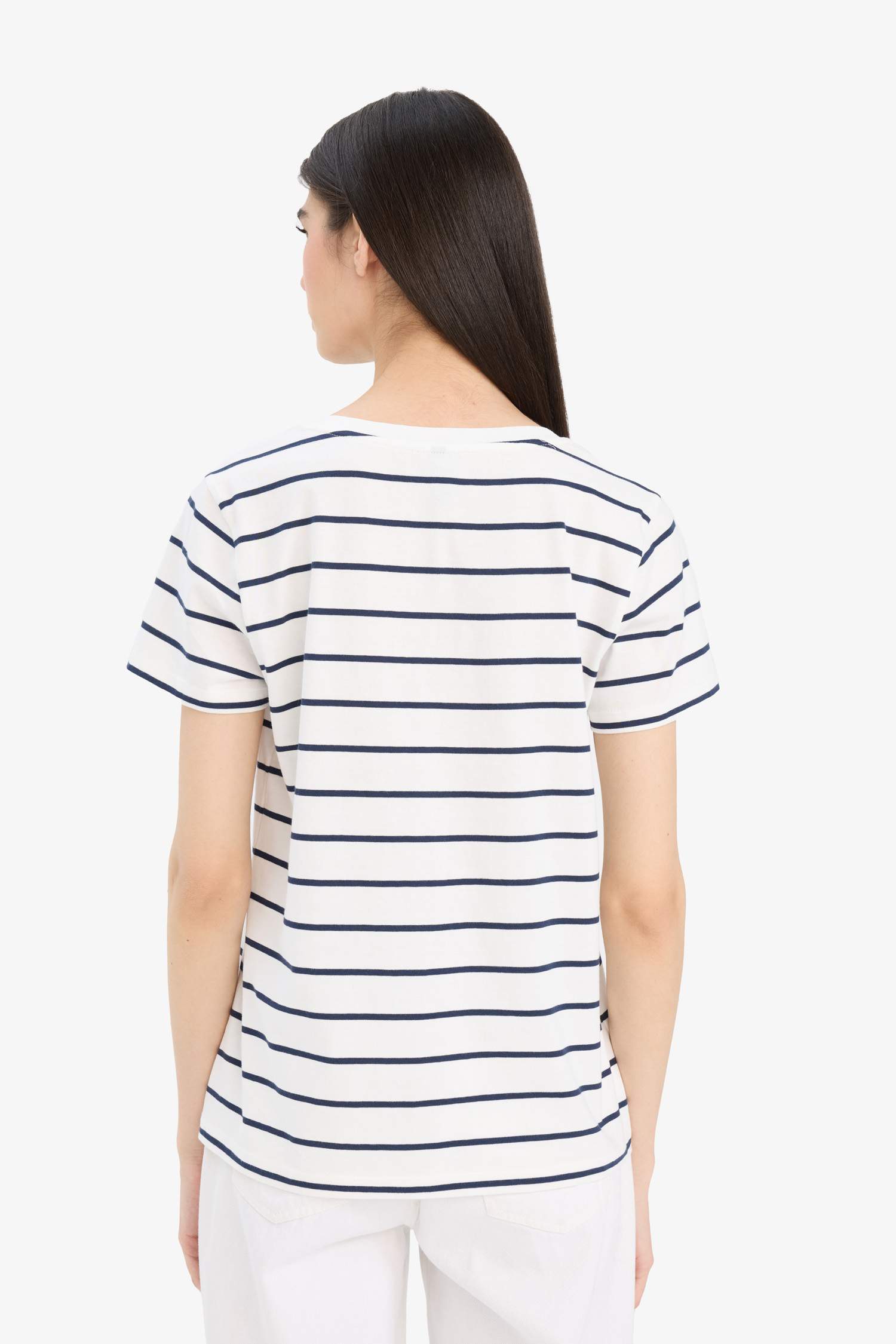 Relax Fit V Yaka Çizgili Kısa Kollu Tişört