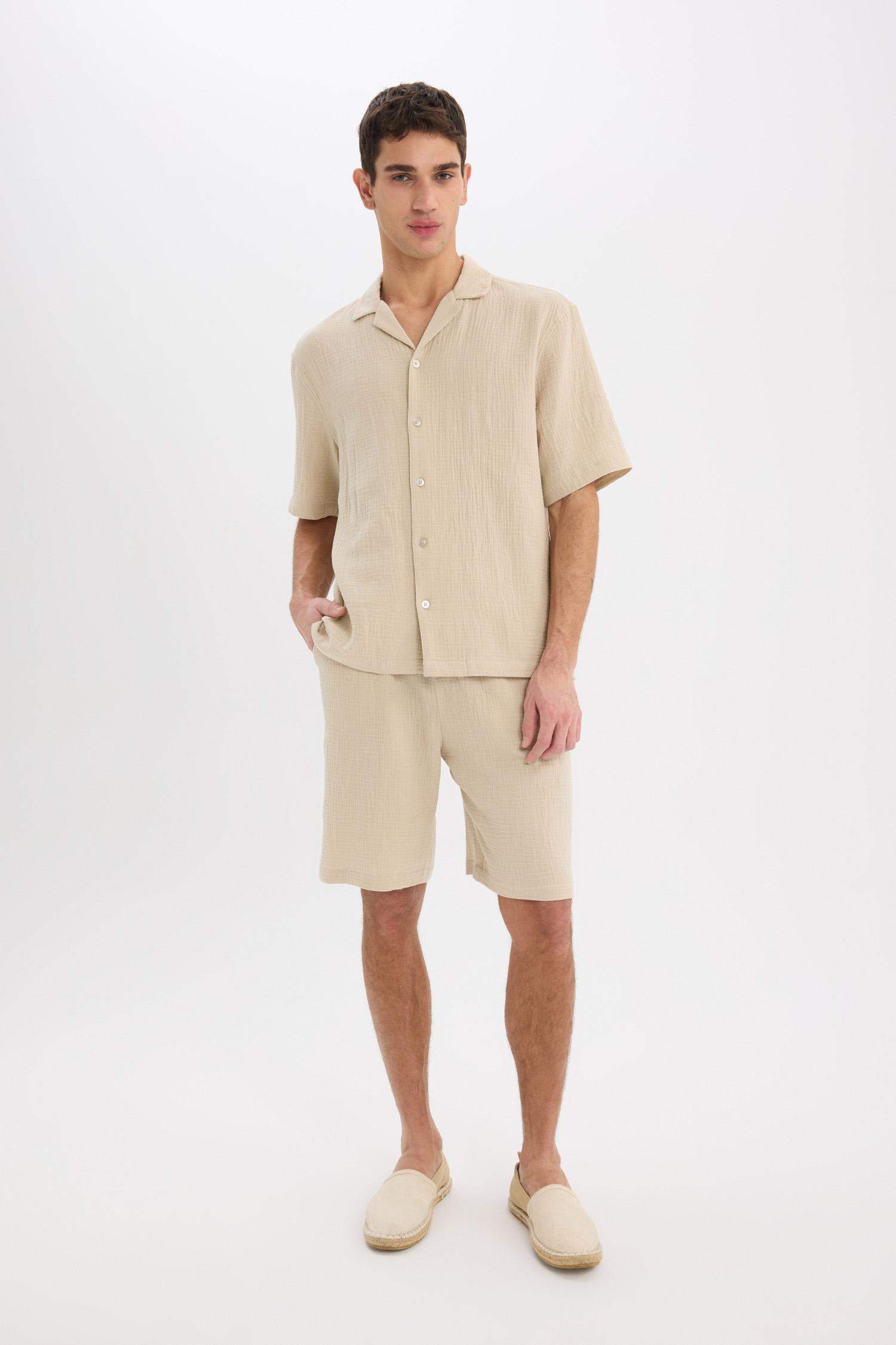 %100 Pamuk Relax Fit Cepli Basic Düz Bermuda Şort