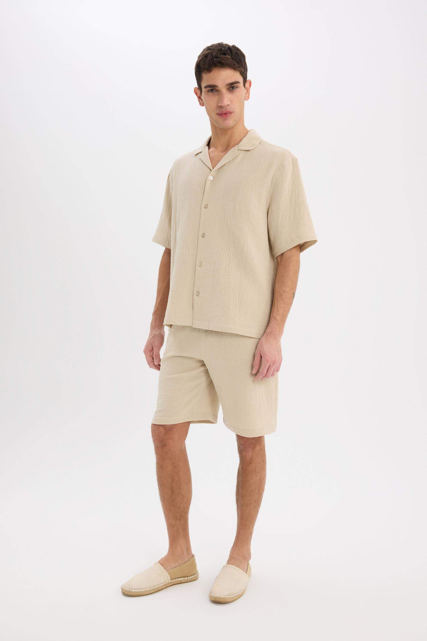 %100 Pamuk Relax Fit Cepli Basic Düz Bermuda Şort