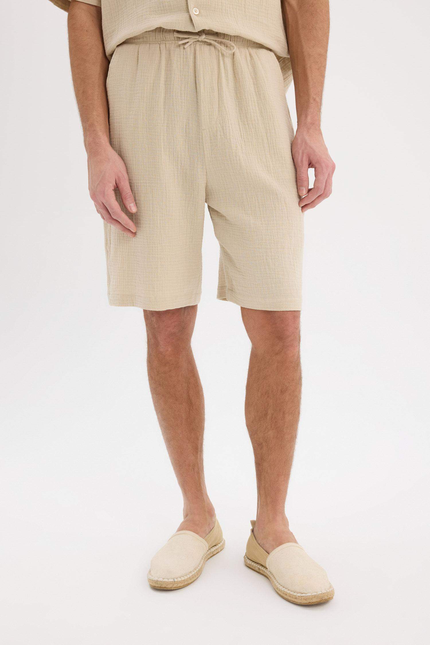 %100 Pamuk Relax Fit Cepli Basic Düz Bermuda Şort