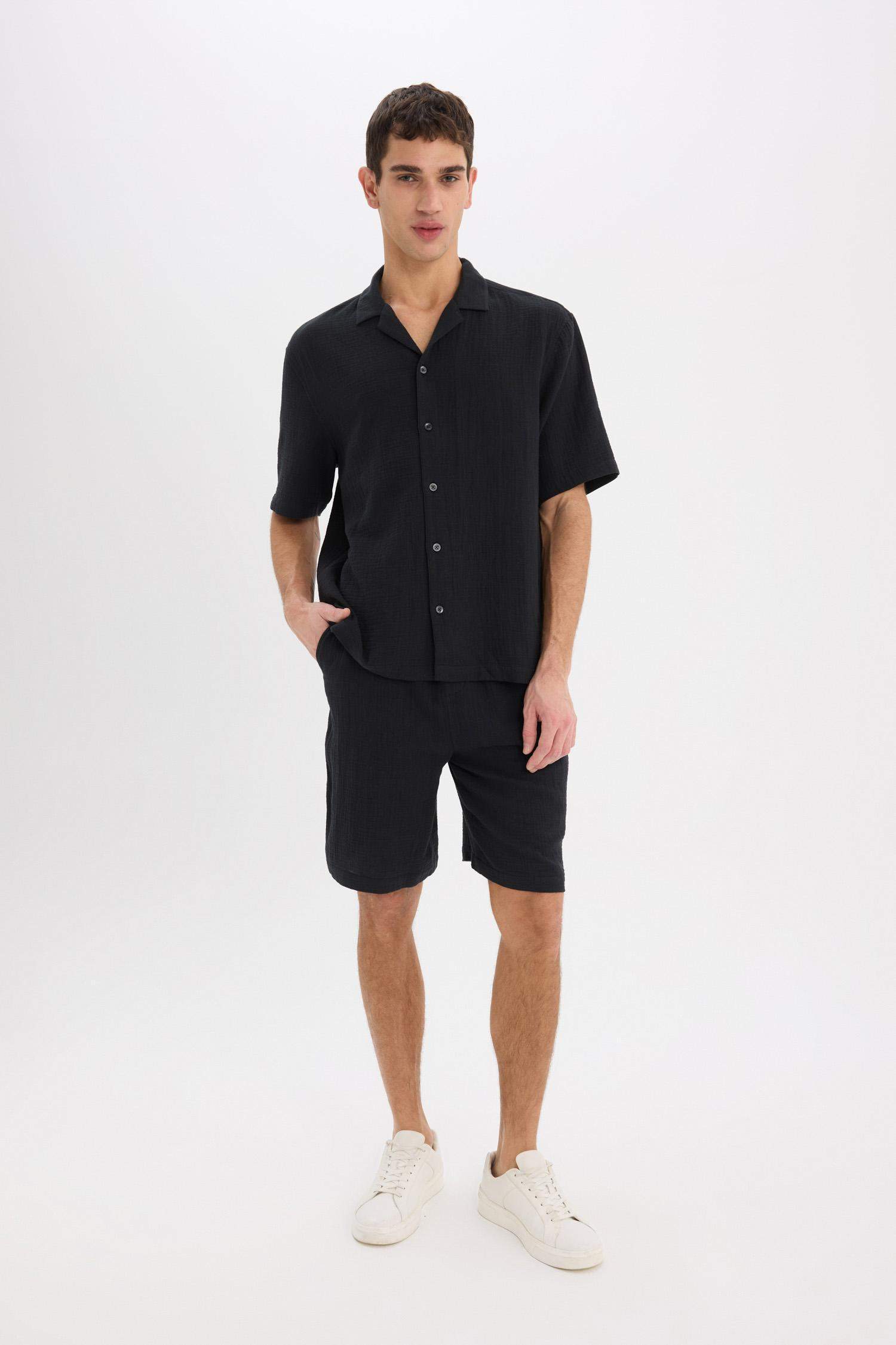 %100 Pamuk Relax Fit Müslin Cepli Basic Düz Bermuda Şort