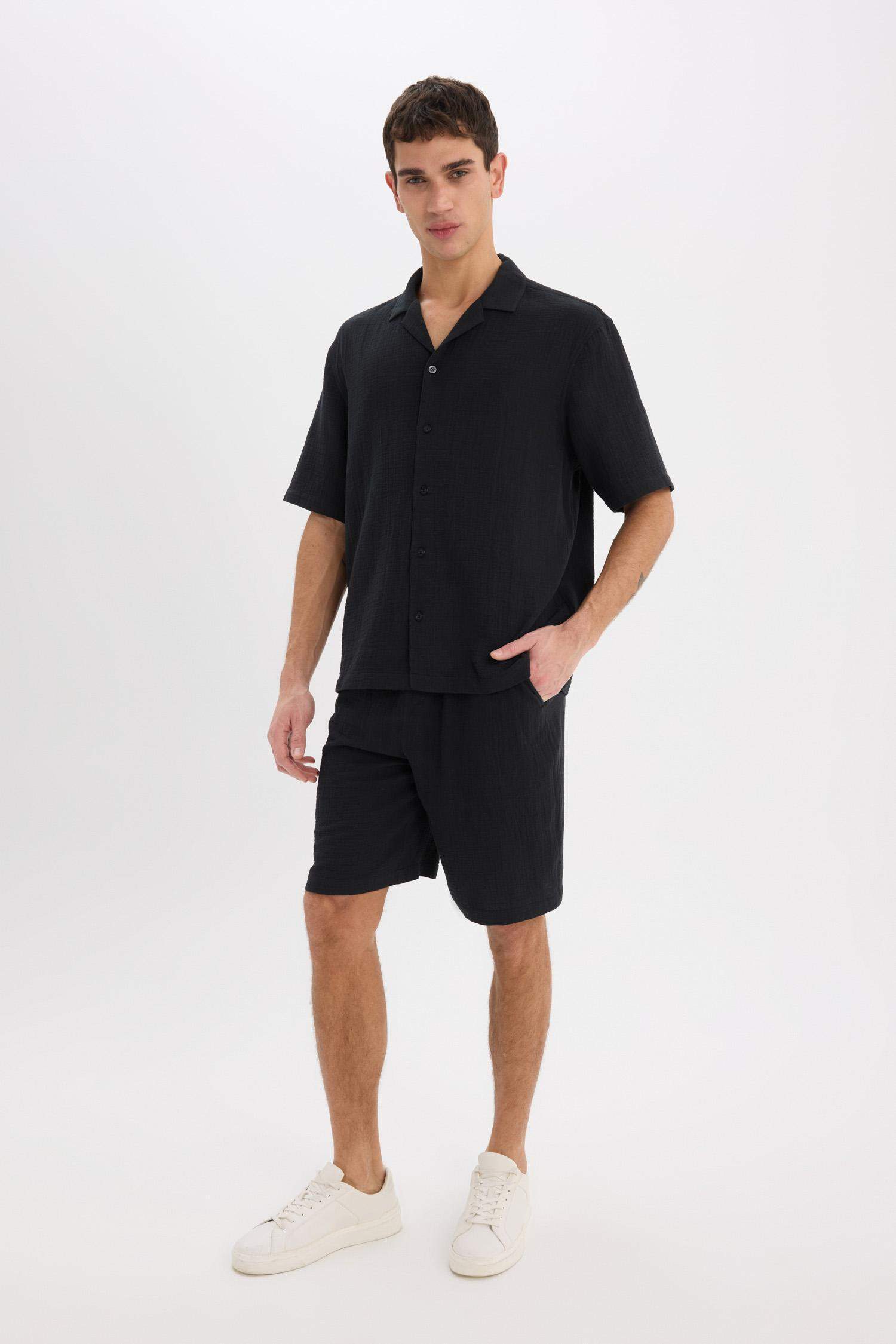 %100 Pamuk Relax Fit Müslin Cepli Basic Düz Bermuda Şort