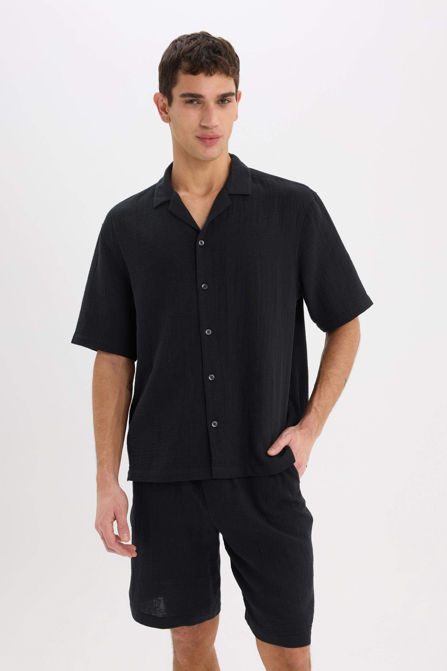 %100 Pamuk Relax Fit Müslin Cepli Basic Düz Bermuda Şort