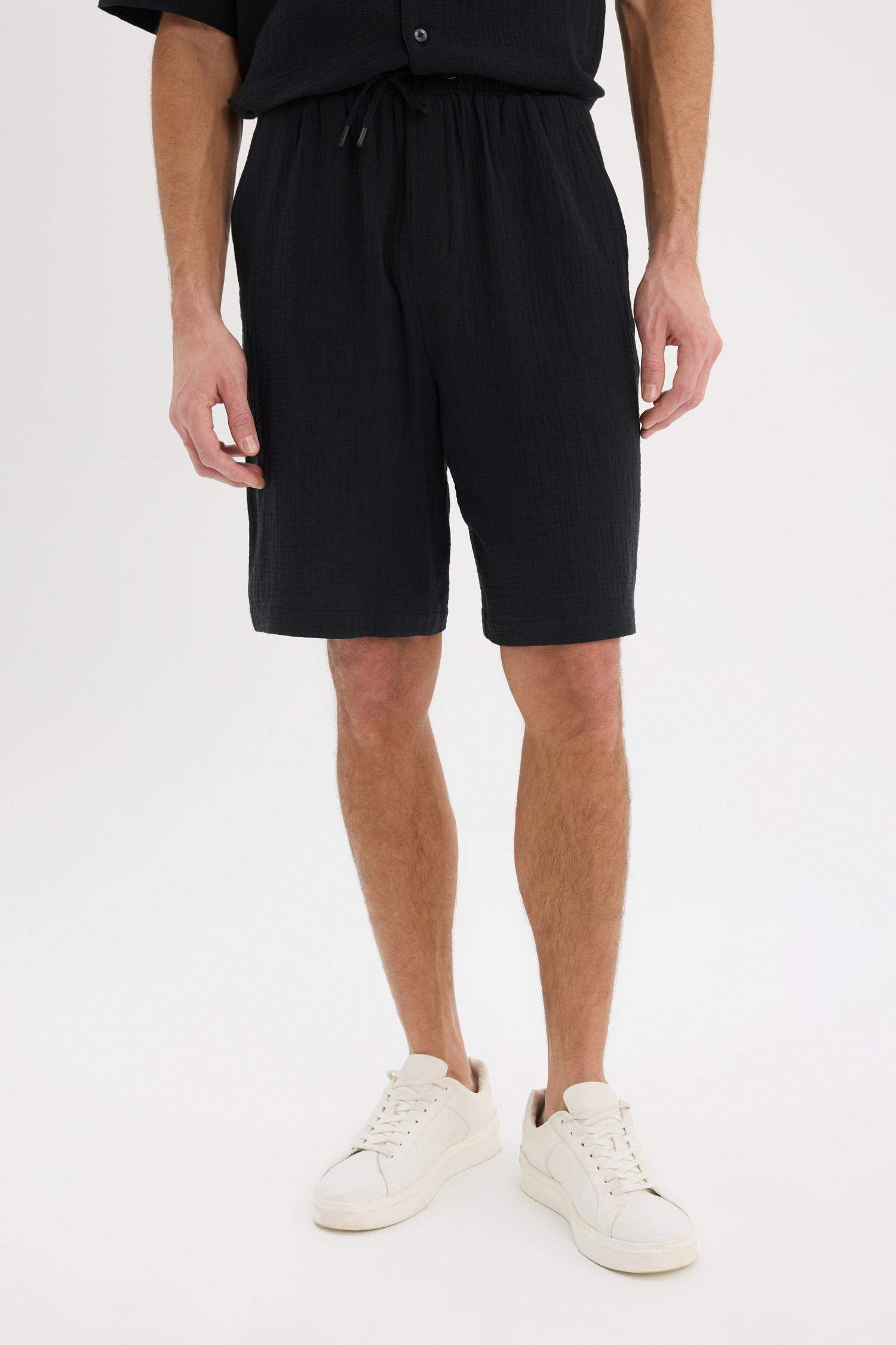 %100 Pamuk Relax Fit Müslin Cepli Basic Düz Bermuda Şort