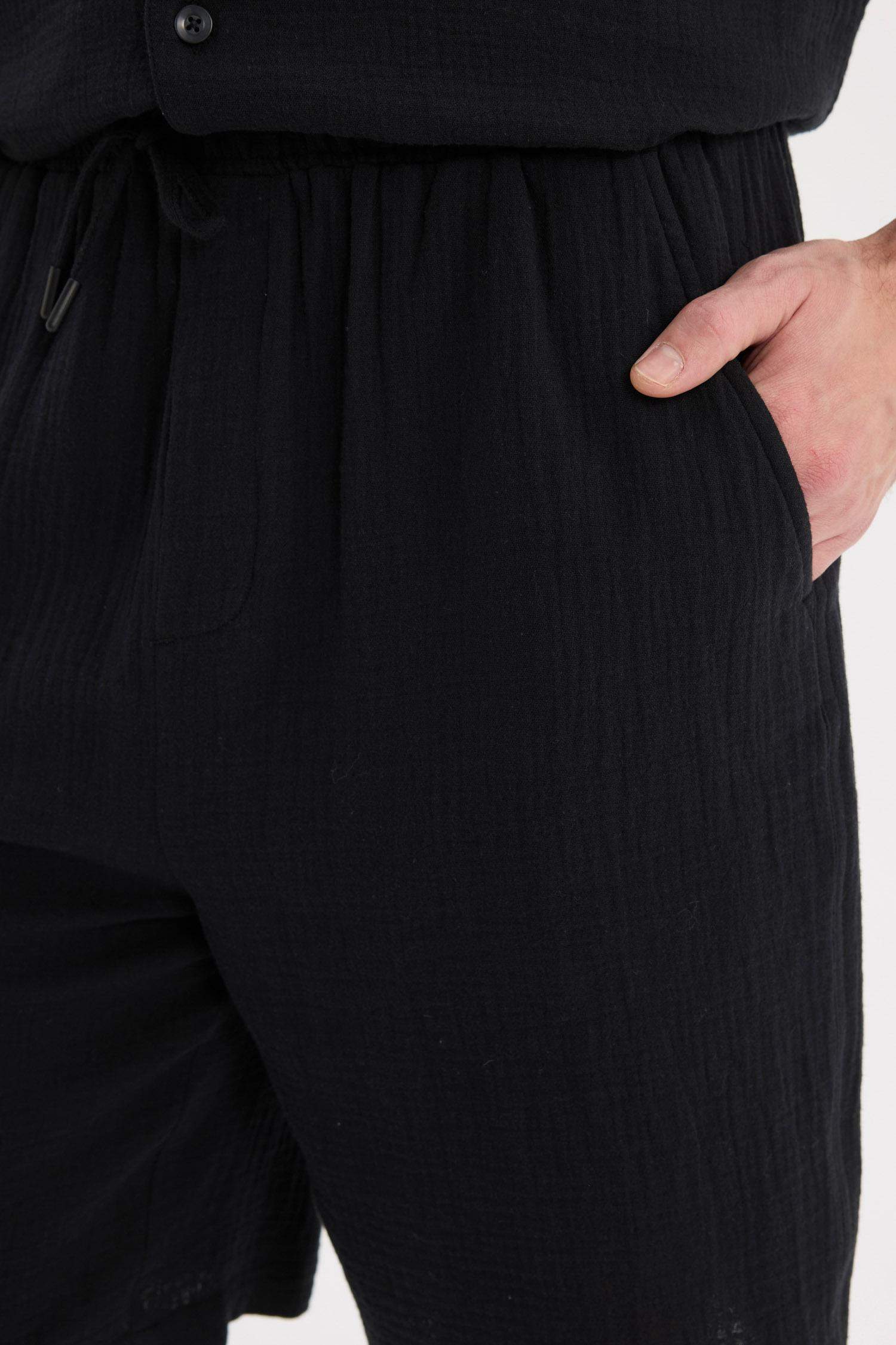 %100 Pamuk Relax Fit Müslin Cepli Basic Düz Bermuda Şort