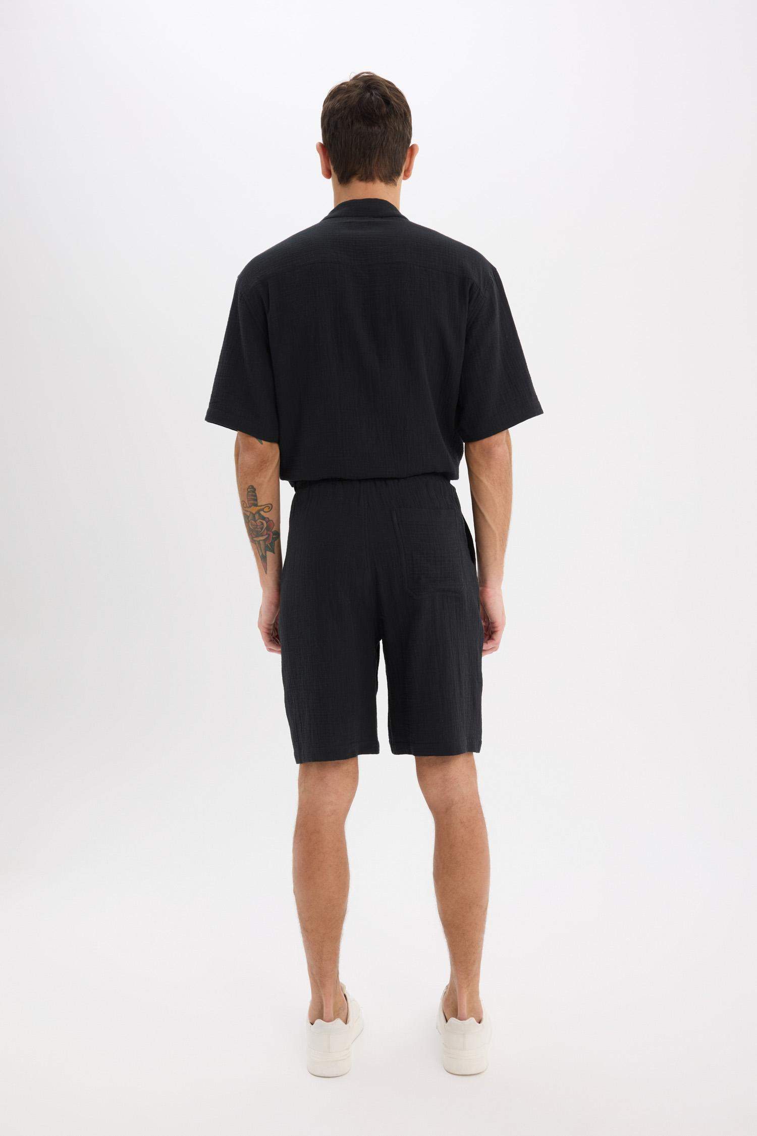 %100 Pamuk Relax Fit Müslin Cepli Basic Düz Bermuda Şort