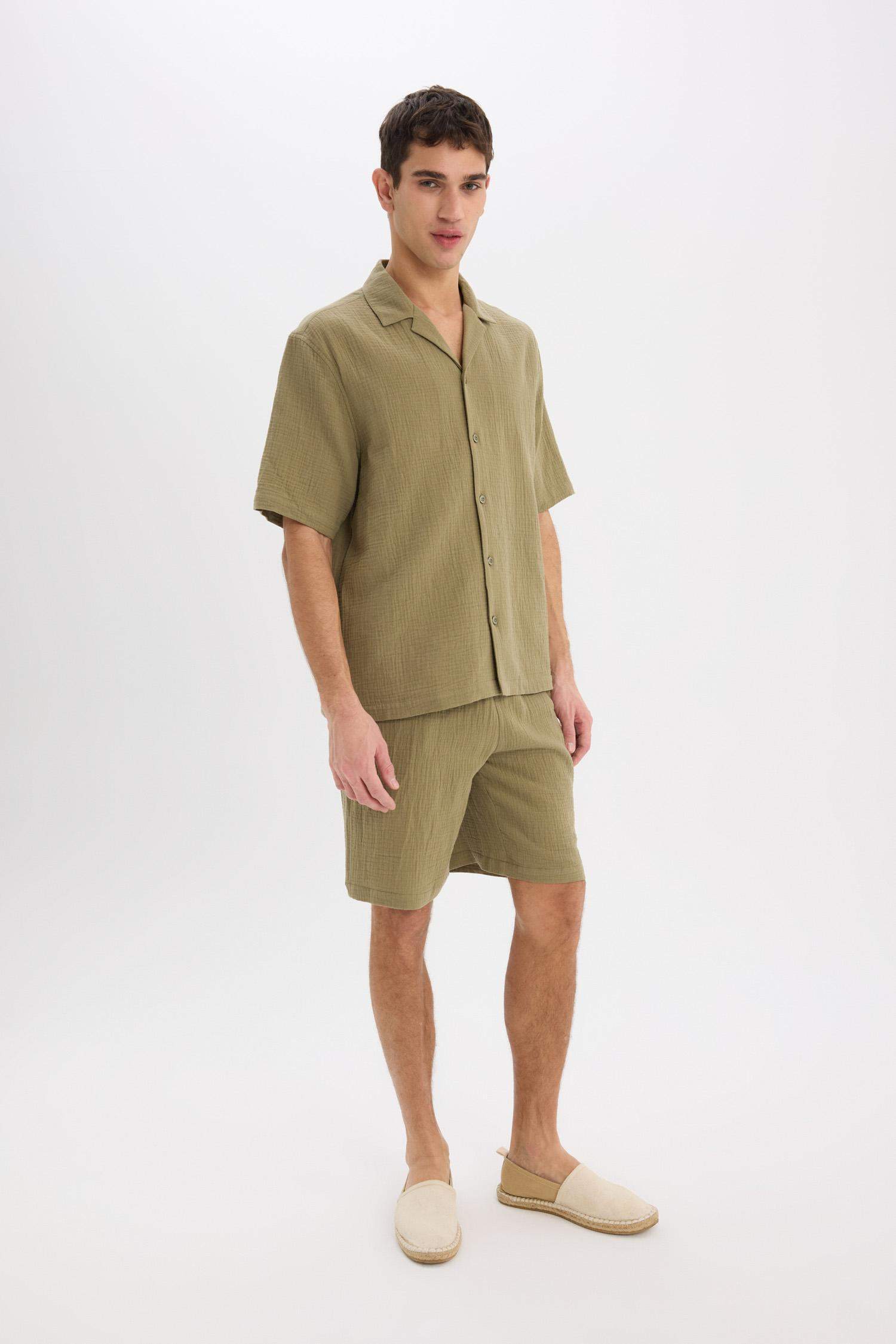 %100 Pamuk Relax Fit Müslin Cepli Basic Düz Bermuda Şort