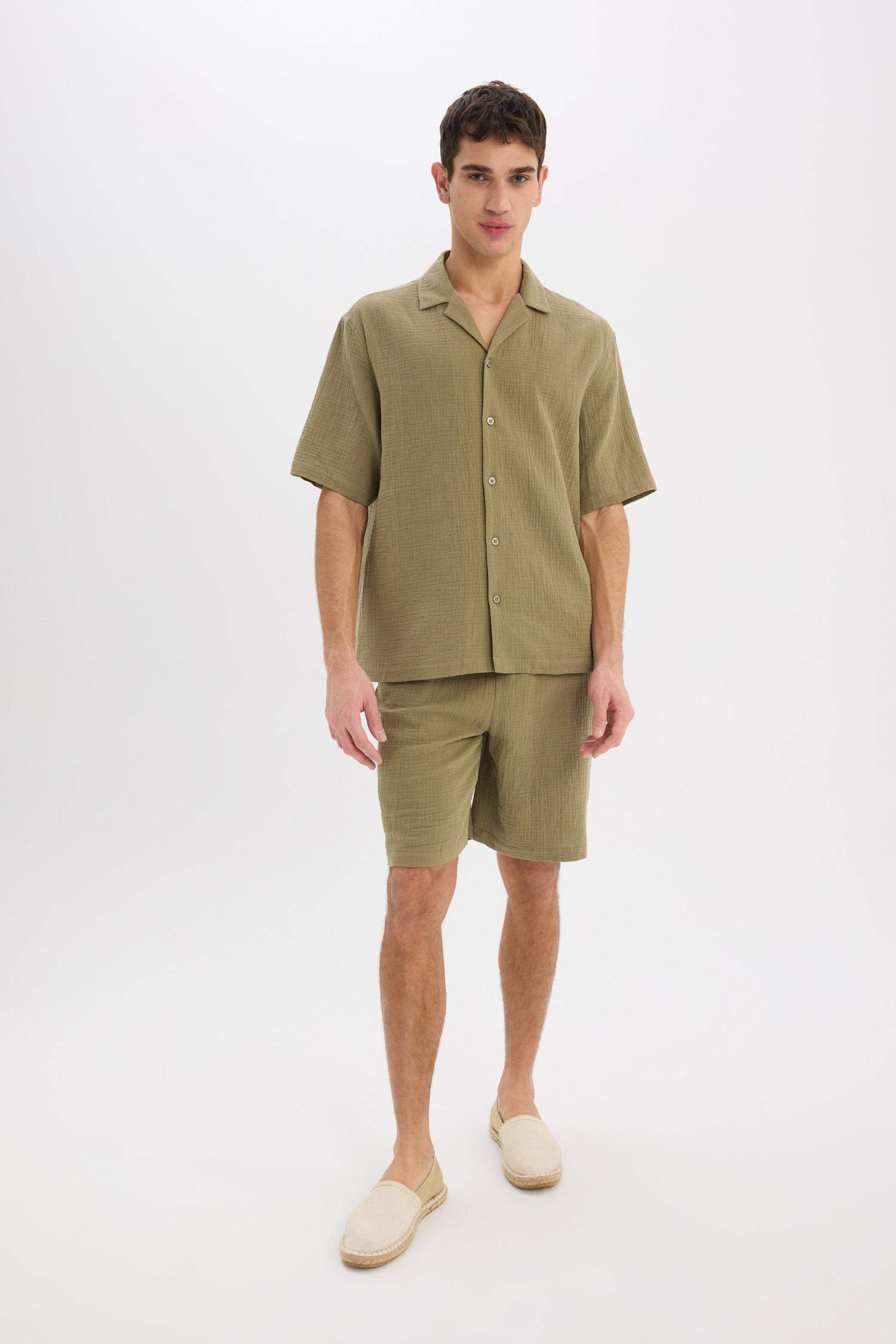 %100 Pamuk Relax Fit Müslin Cepli Basic Düz Bermuda Şort