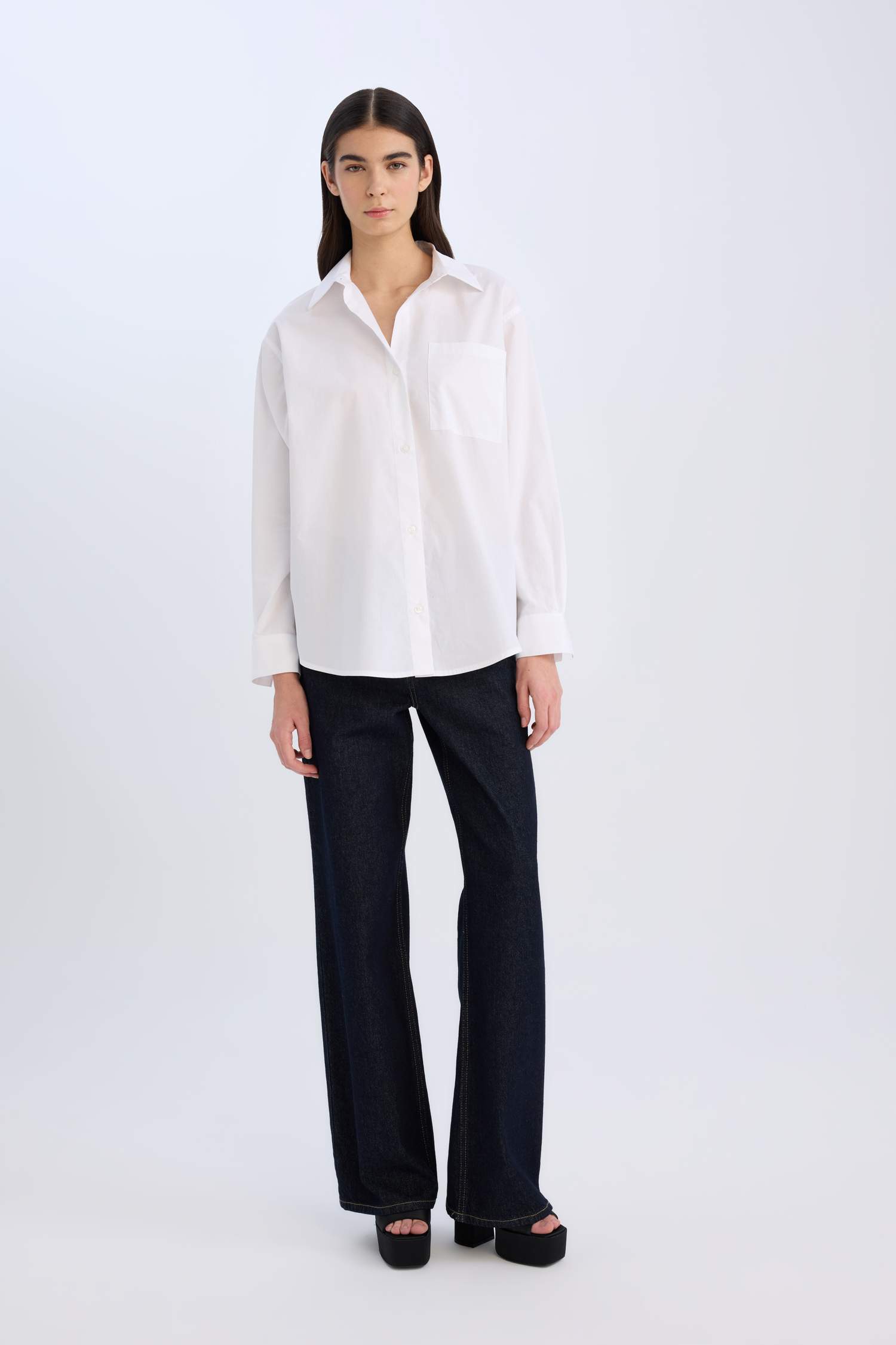 Oversize Fit Shirt Collar Poplin Long Sleeve Shirt