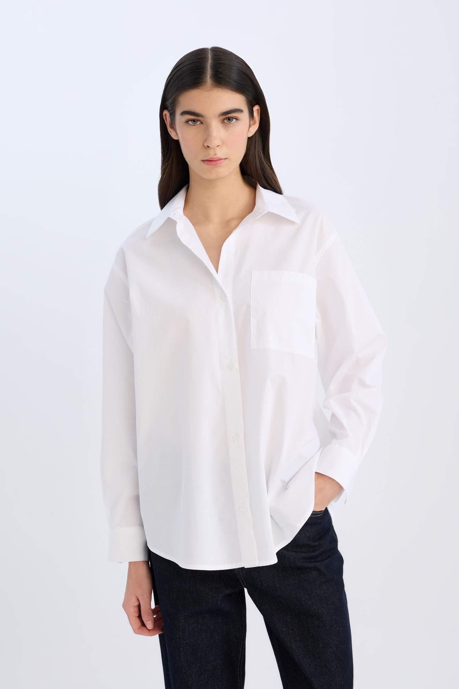 Oversize Fit Shirt Collar Poplin Long Sleeve Shirt