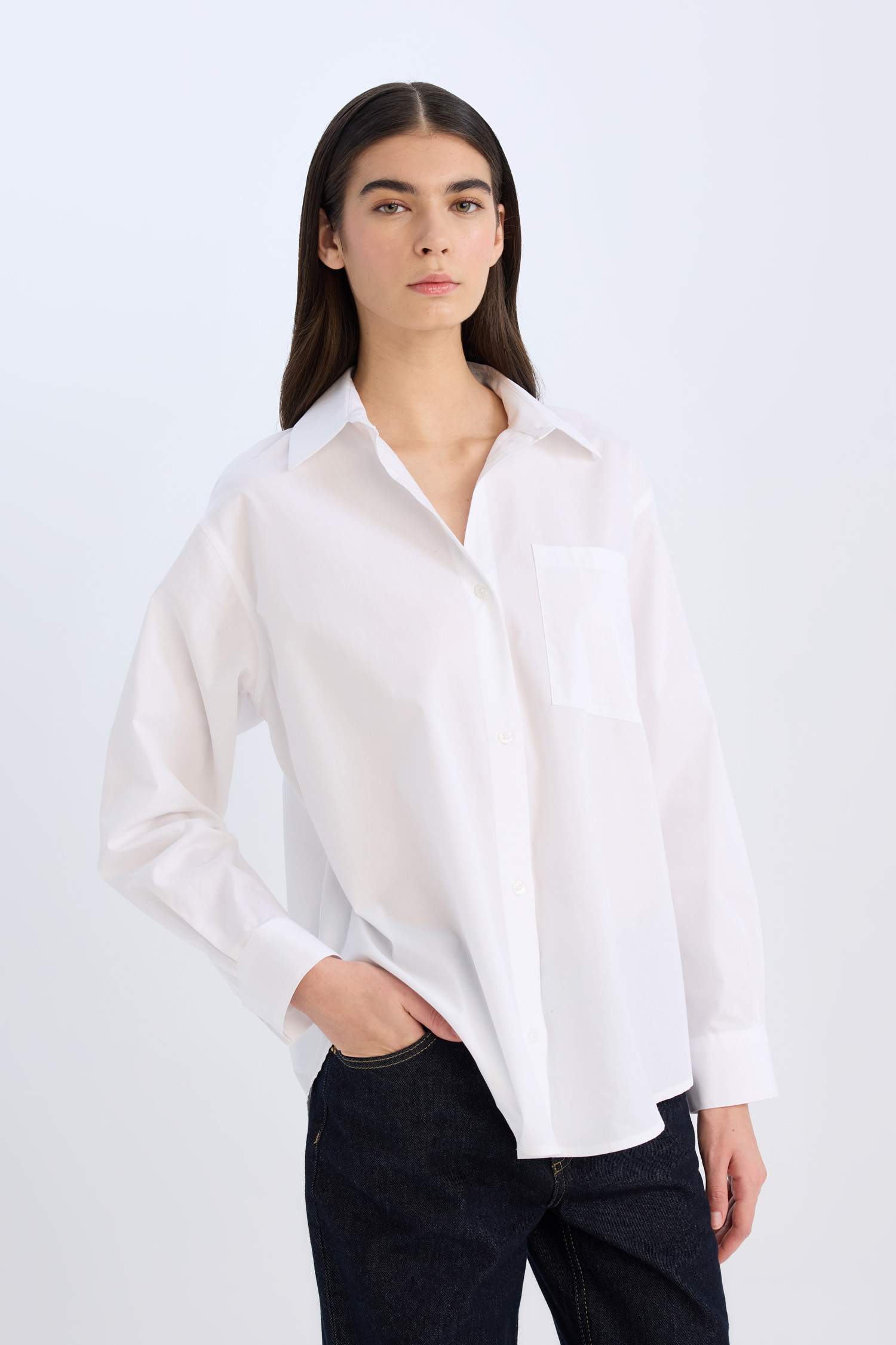 Oversize Fit Shirt Collar Poplin Long Sleeve Shirt