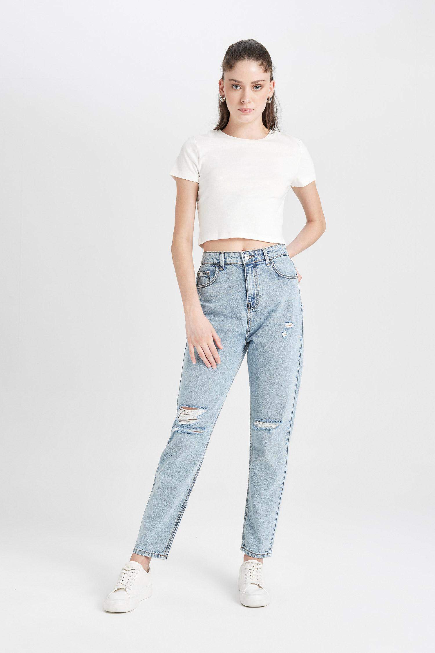 Lina Mom Fit Ripped Detailed Ankle Length Washed Jeans