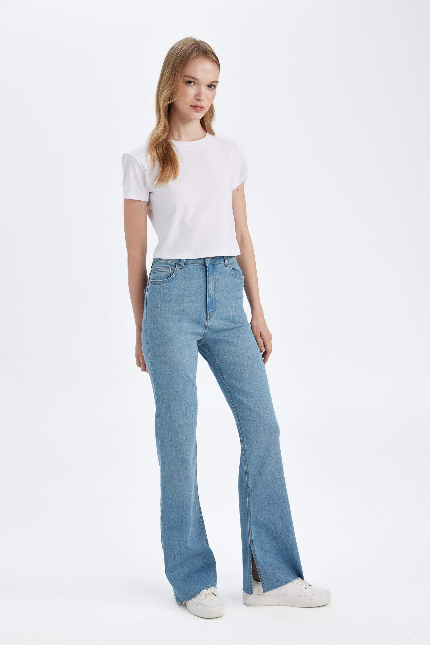 Slim Flare Yüksek Bel Paça Ucu Kesik Uzun Jean Pantolon