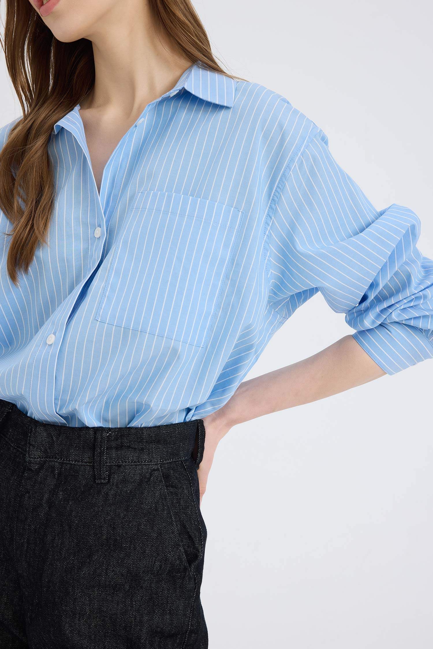 قميص كم طويل من بوبلين مخطط اوفر سايز برقبة قميص