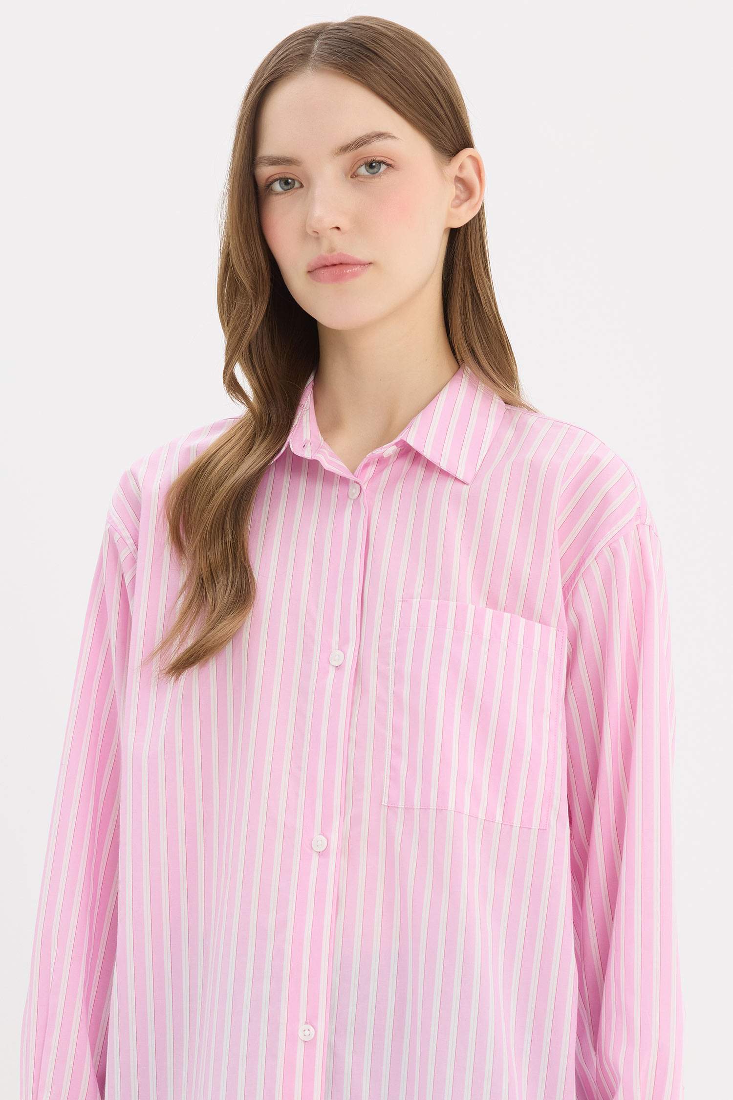 Oversize Fit Shirt Collar Poplin Striped Long Sleeve Shirt