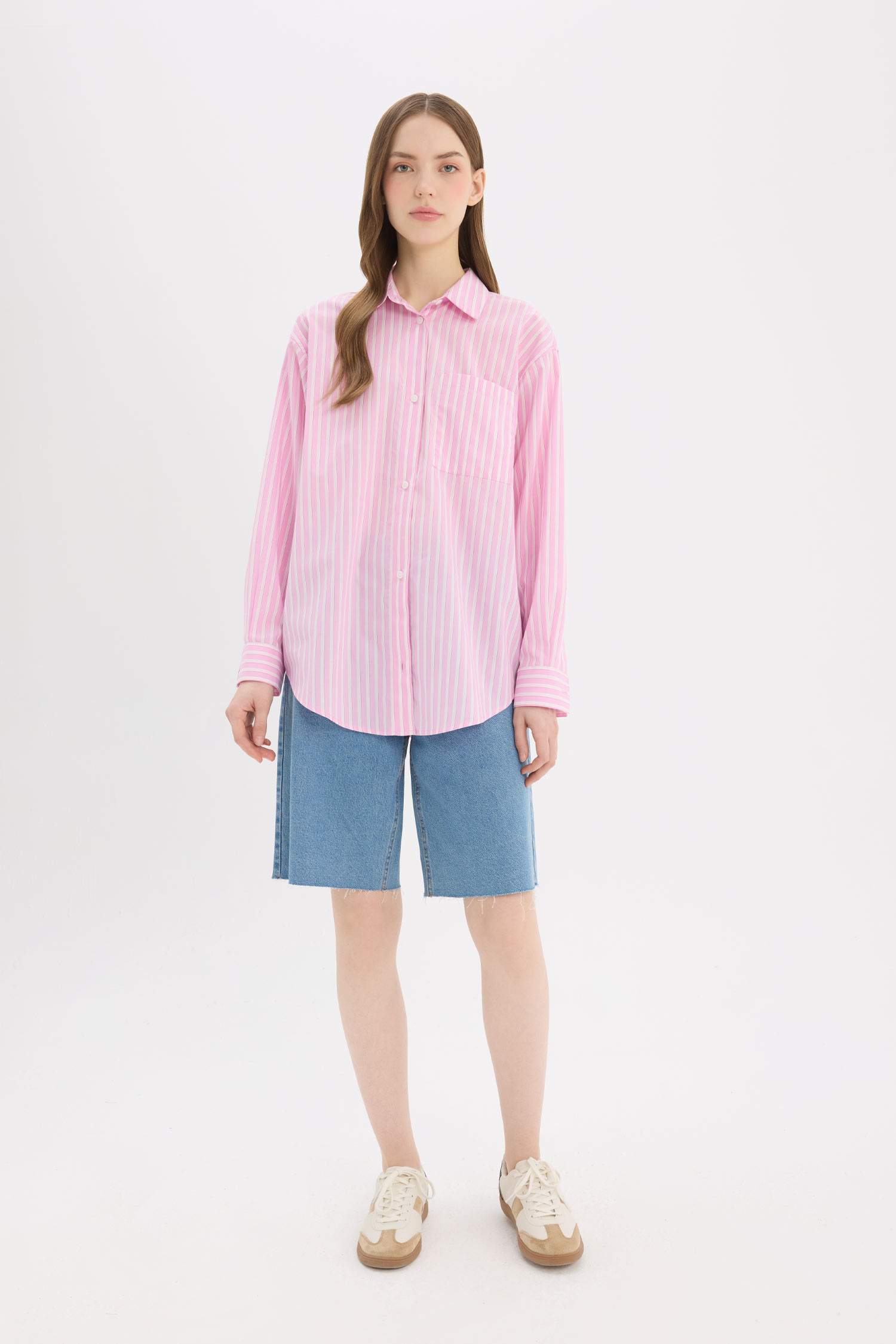 Oversize Fit Shirt Collar Poplin Striped Long Sleeve Shirt