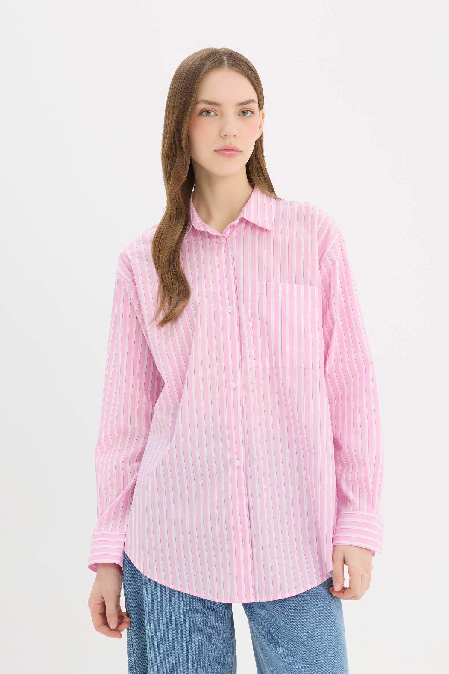 Oversize Fit Shirt Collar Poplin Striped Long Sleeve Shirt