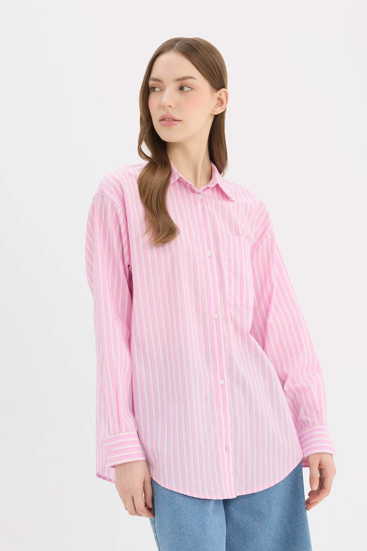 Oversize Fit Shirt Collar Poplin Striped Long Sleeve Shirt