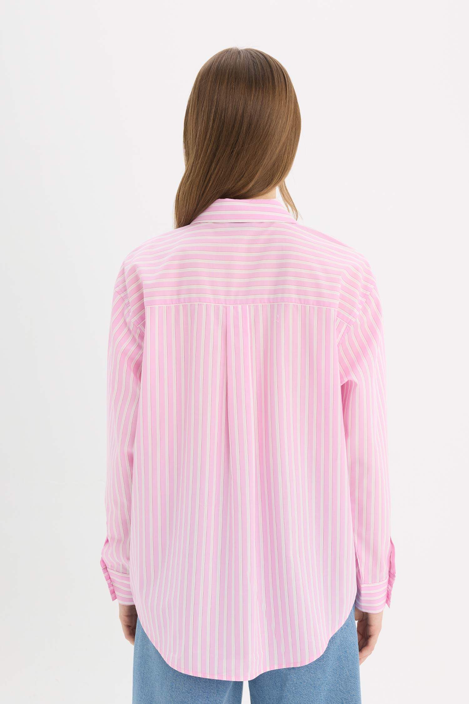 Oversize Fit Shirt Collar Poplin Striped Long Sleeve Shirt