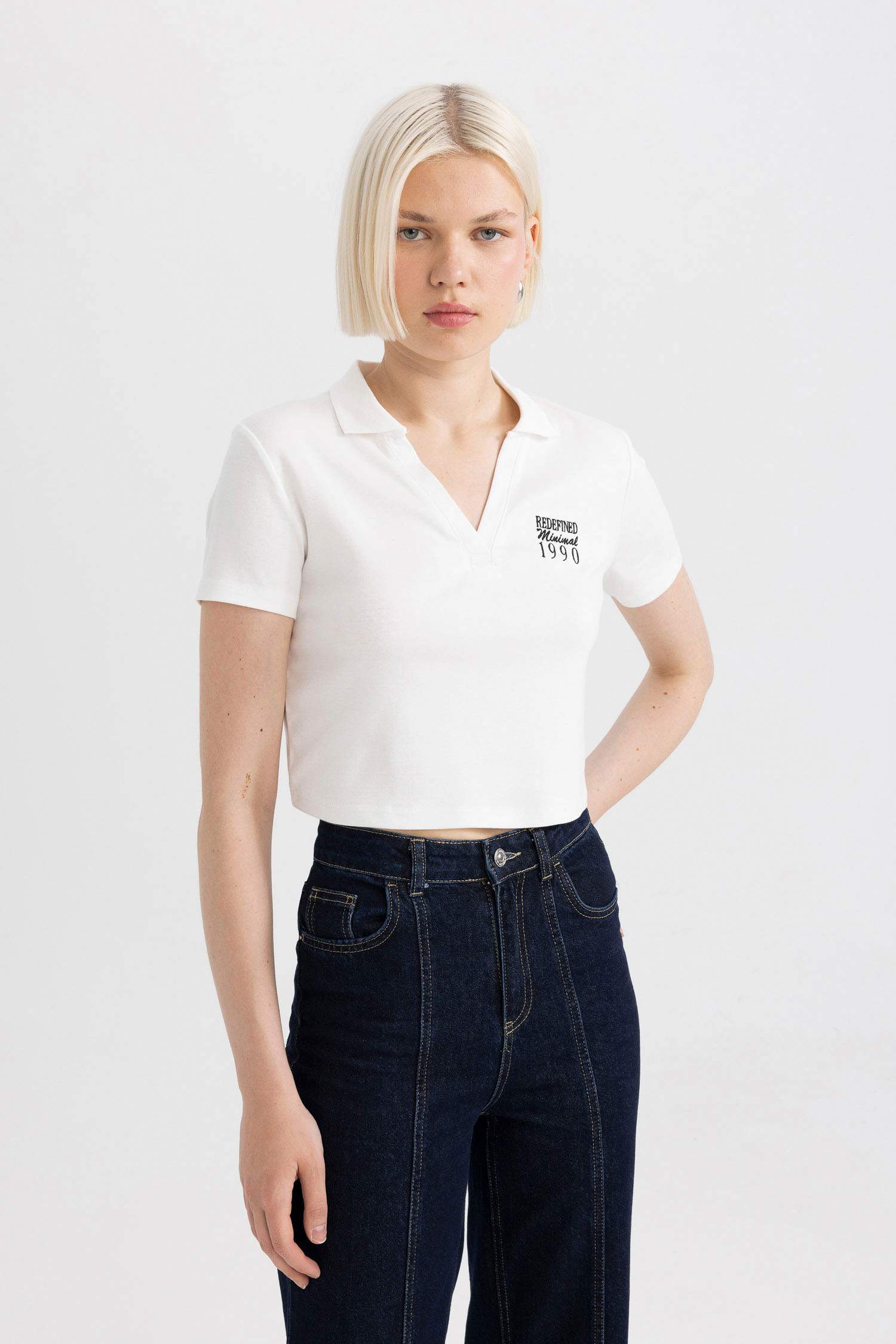 Fitted Polo Neck Slogan Printed T-Shirt