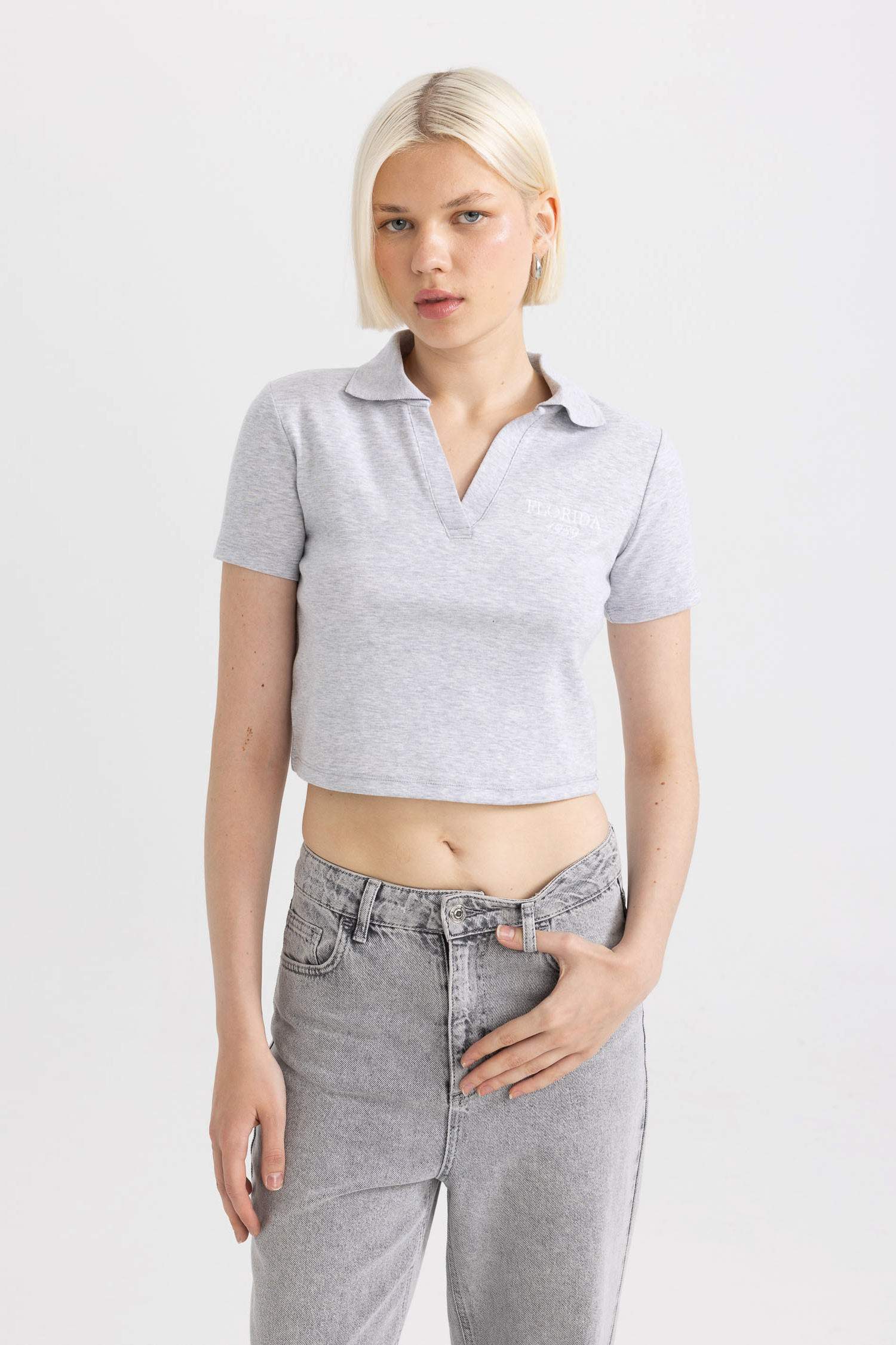 Fitted Polo Neck Slogan Printed T-Shirt