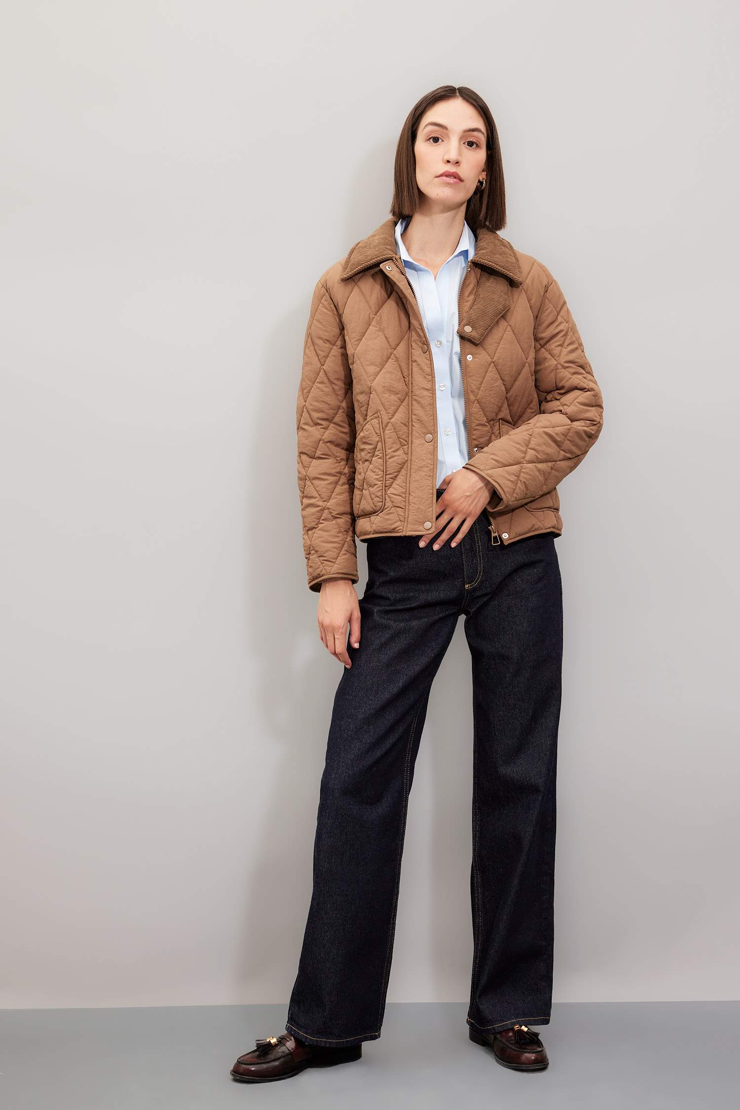 Regular Kalıp Hafif Ceket Mont Kadife Yakalı Kapitoneli Çıtçıtlı Cepli