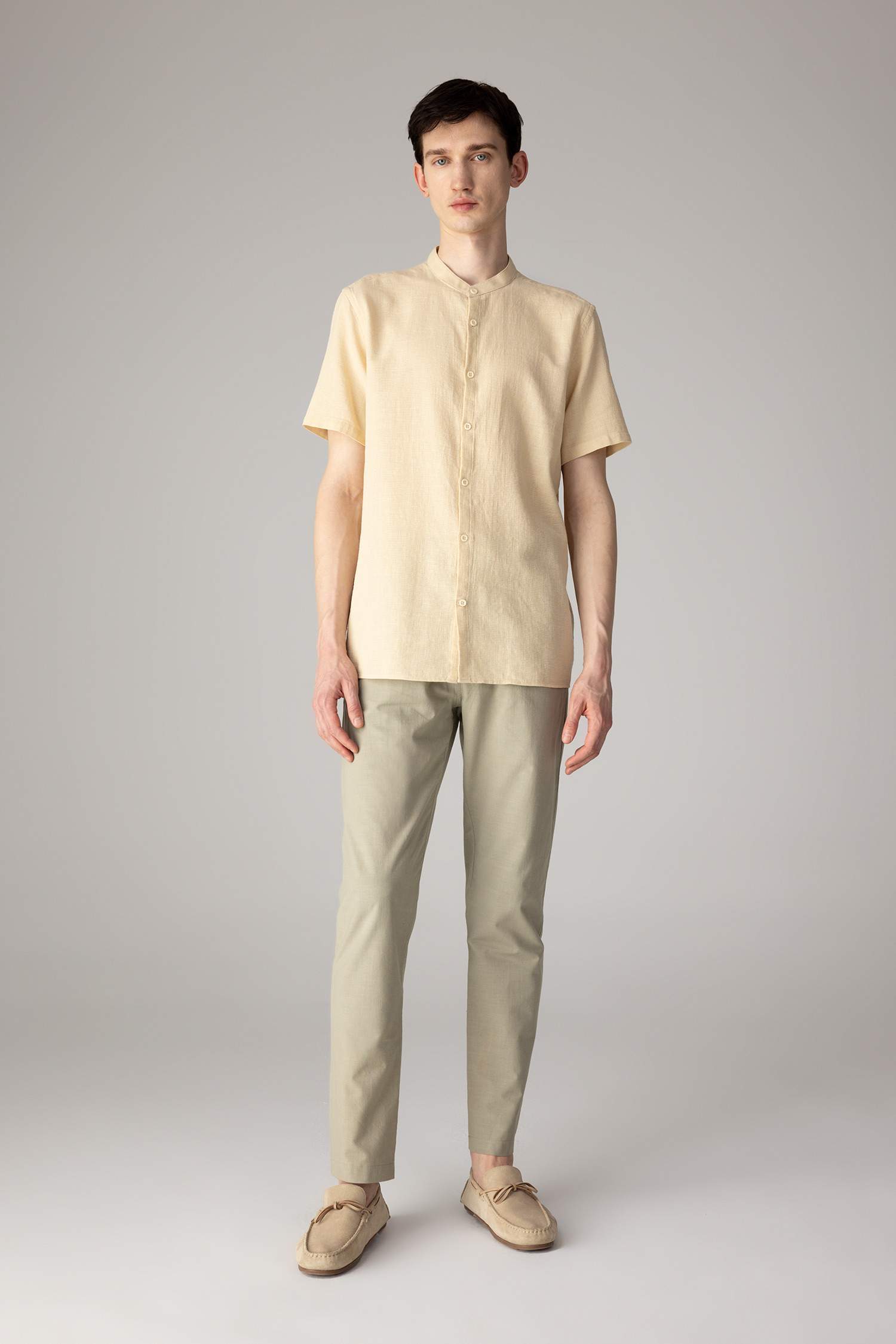 Regular Fit Stand Collar Cotton Short Sleeve Shirt