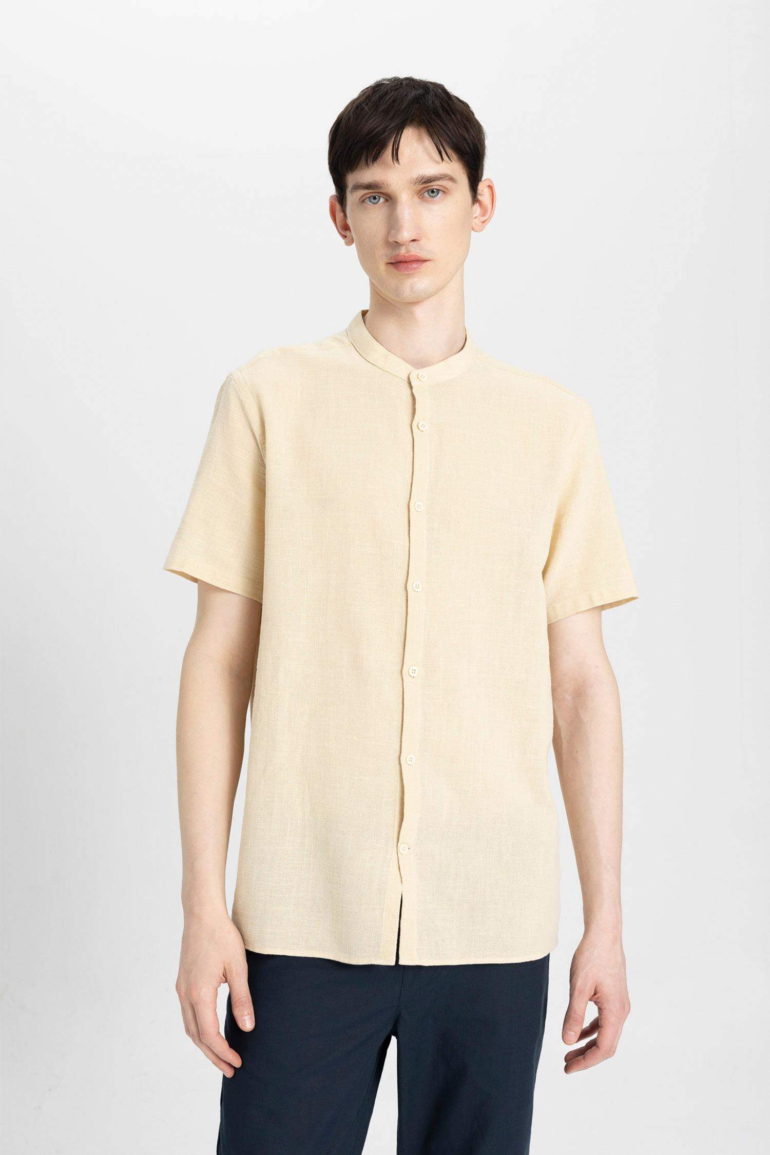 Regular Fit Stand Collar Cotton Short Sleeve Shirt